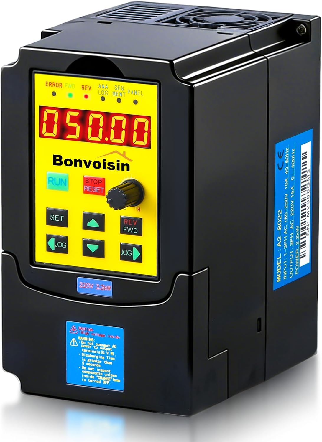 Bonvoisin 2.2KW/3HP VFD Variable Frequency Drive 10A 220V Single/Three Phase Input to 3 Phase 0-400 Hz Output for AC Motor Speed Control