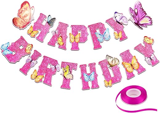 Propsicle Butterfly Theme Happy Birthday Banner for Girls, Pink Glitter Letters with Butterfly Cutouts, Princess Style Dec...