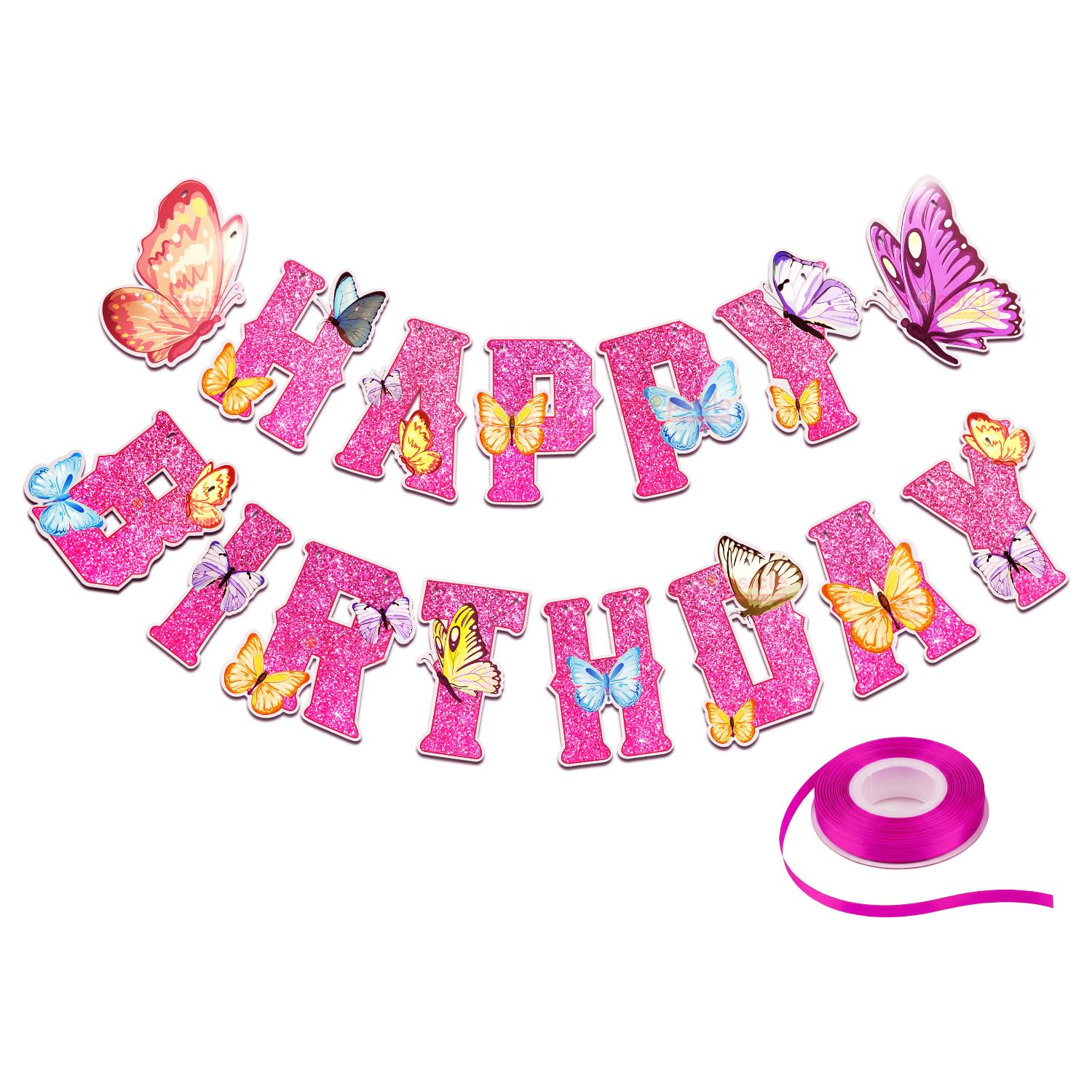 Propsicle Butterfly Theme Happy Birthday Banner for Girls, Pink Glitter Letters with Butterfly Cutouts, Princess Style Dec...
