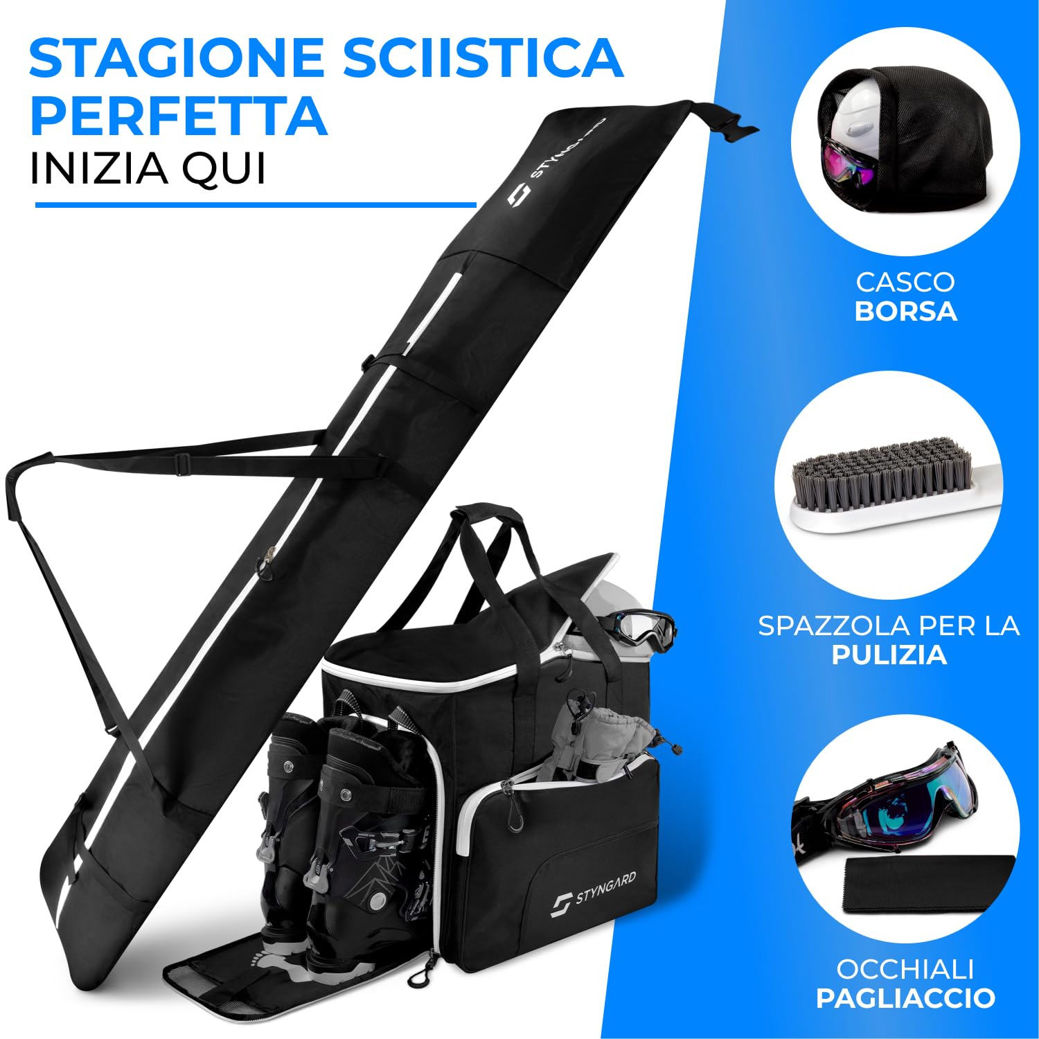 STYNGARD Set Borsa da sci per 2 paia di sci [da 140 cm a 200 cm] borsa porta sci e borsa porta scarponi con scomparto per casco [54 L] Modello Salzburg