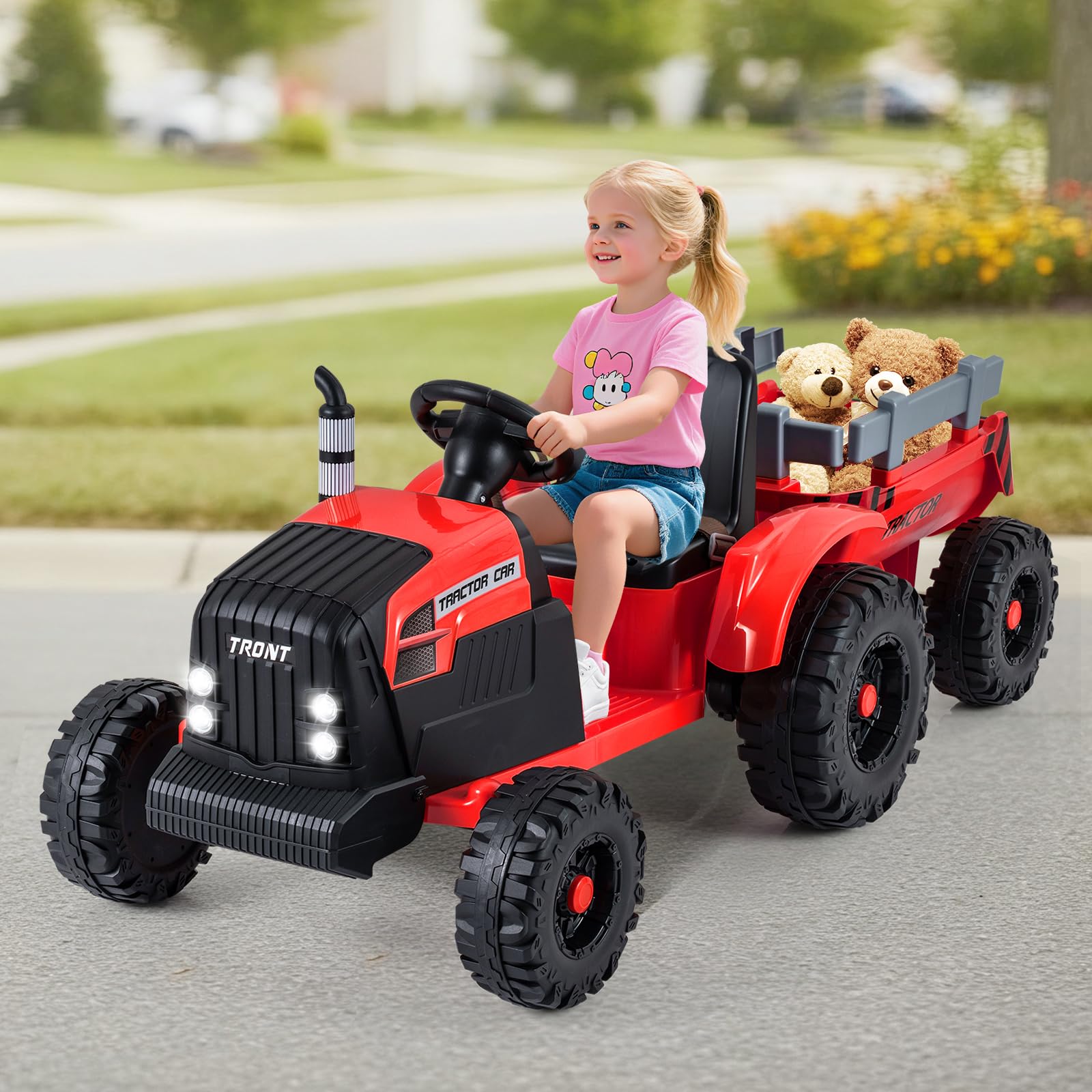 COSTWAY Tractor Eléctrico para Niños 24V, Coche Eléctrico para Niñoso con Remolque Desmontable, Control Remoto, Música, Puerto USB, Luces LED, Tractor Juguete a Batería para Niño de 3 a 8 Año (Rojo)