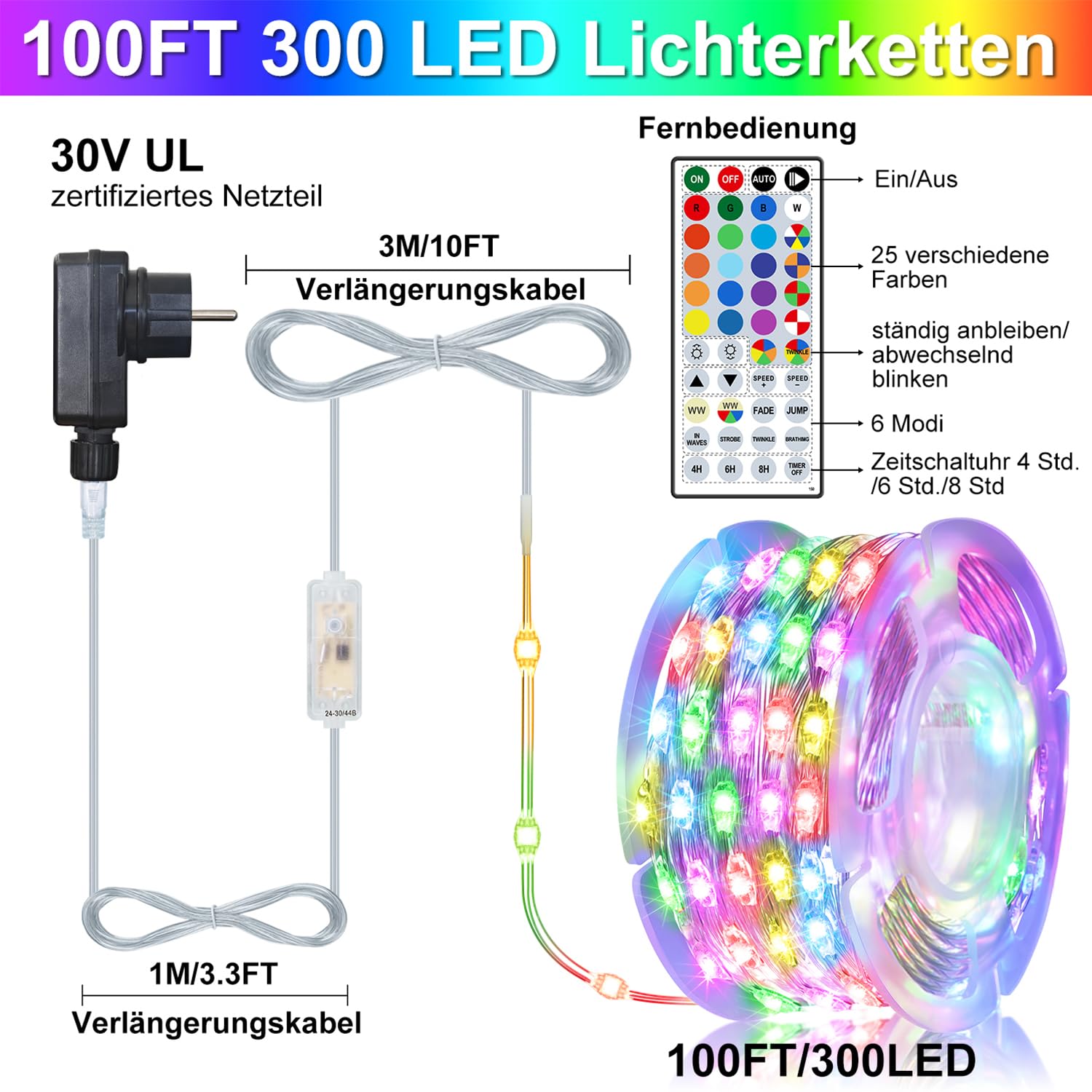 StarryEver 30M 300 LED Lichterkette Strombetriebene, Bunt Lichterkette mit Stecker Fernbedienung Timer Dimmbar 150 Modi, für Außen & Innen Zimmer Weihnachten Party DIY Deko