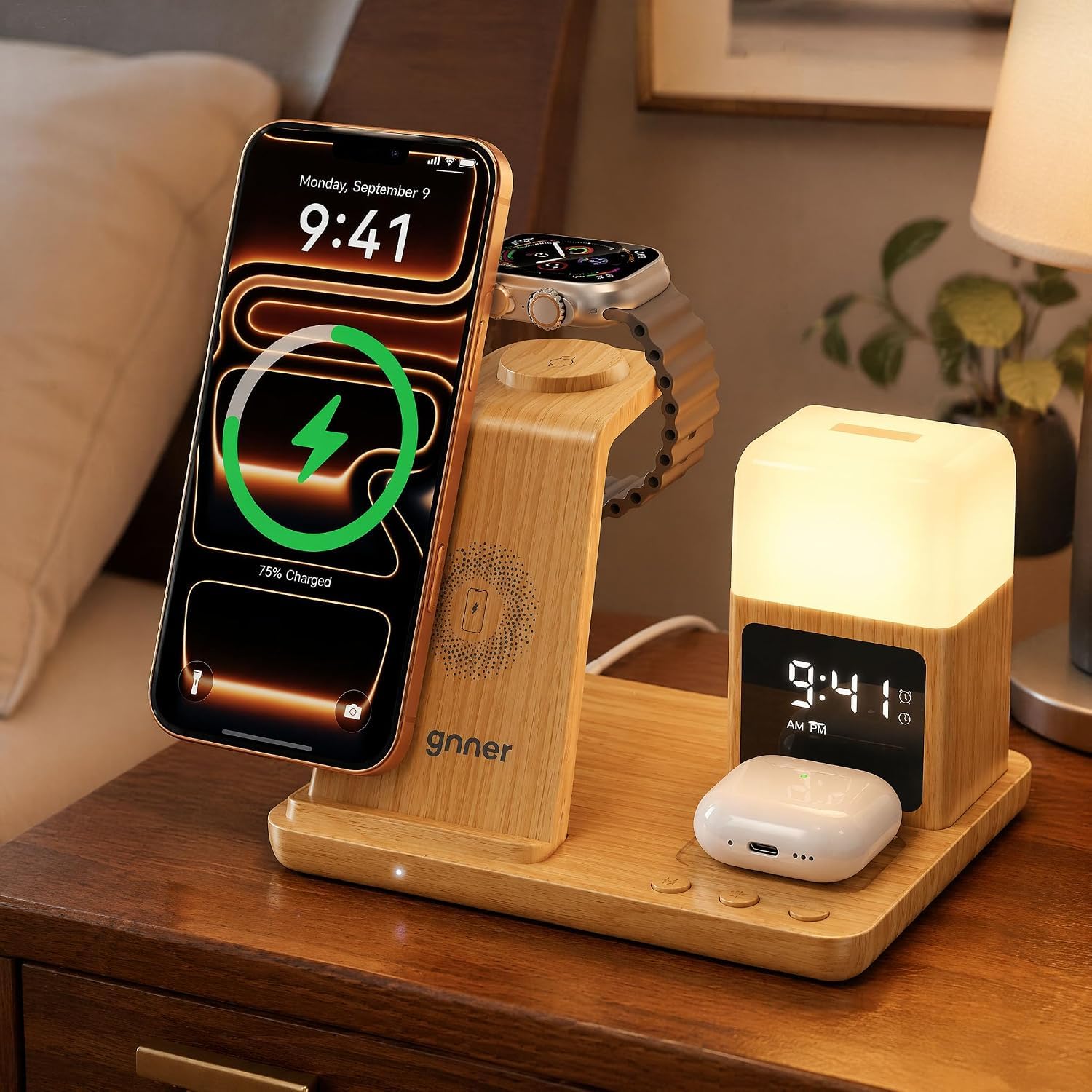 Augnner Estación de carga inalámbrica 3 en 1, estación de carga magnética mejorada 2026 para Apple con reloj despertador y luz de 3 colores, soporte de cargador rápido de 15 W para iPhone 17/16/15/14