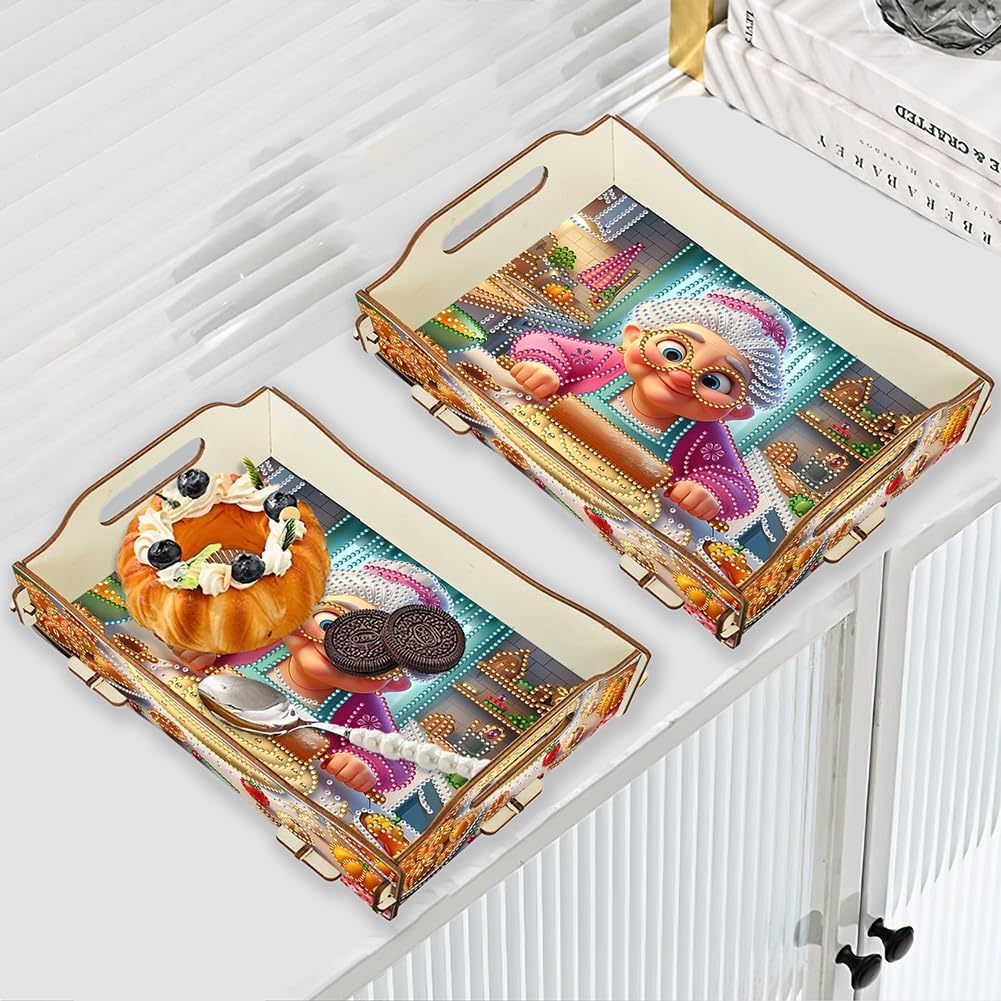 Optimistic Old Lady DIY Diamond Art Serving Tray with Handle, Wooden Craft Tray for Food Breakfast, Party & Bedroom Decor