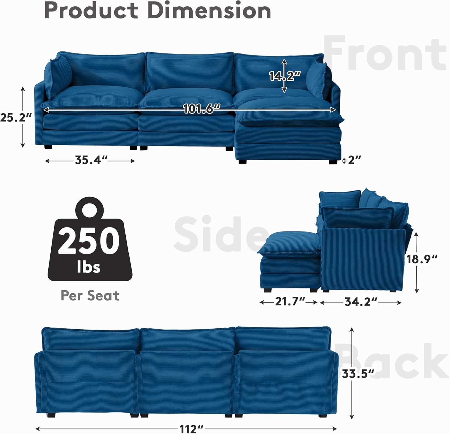 Bumblr 112" Modular Sectional Couch, Comfy Cloud Couches Sofa, Corduroy Sectional Sofas Couches with Movable Ottoman for Living Room(Navy, L Shape)
