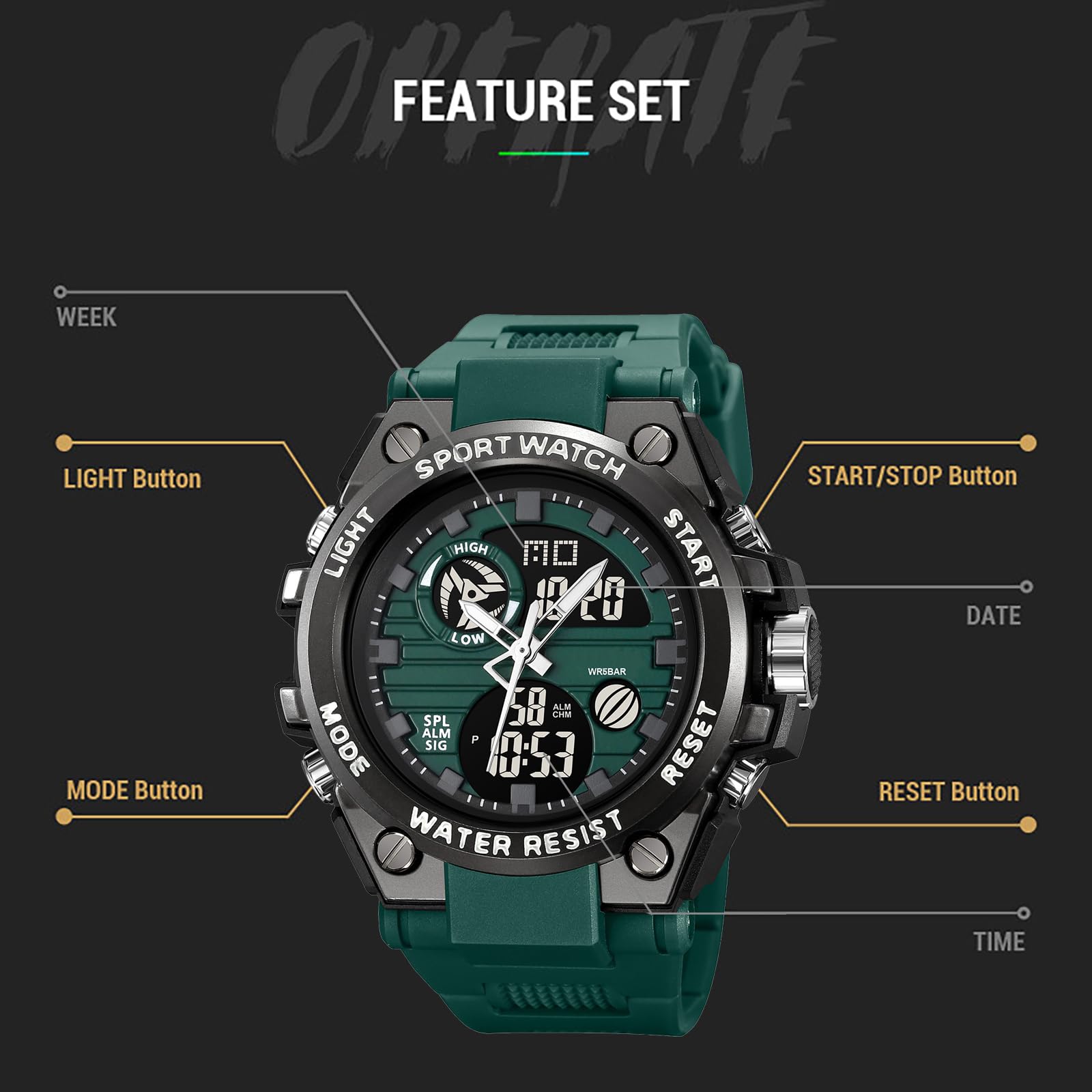 findtime Orologio da uomo arancione alla moda militare colorato con retroilluminazione a LED impermeabile sveglia cronometro Caratteristiche analogico digitale elettronico al quarzo sportivo orologio