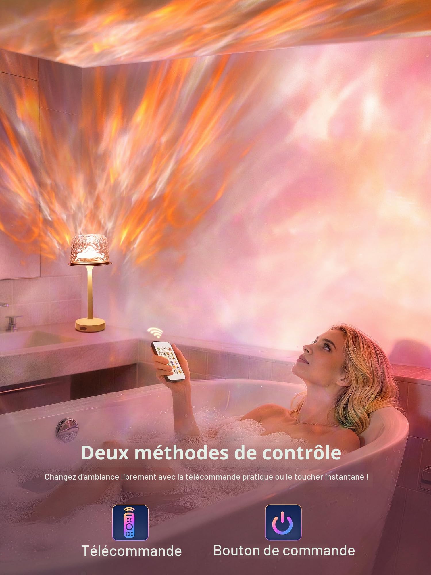 Lampe de Douche Étanche avec Commande Tactile et Télécommande, 16 Couleur | Lampe de Douche Rechargeable avec Effet de Vagues Dynamique & Conception Sans Fil, Lampes de Salle de Bain