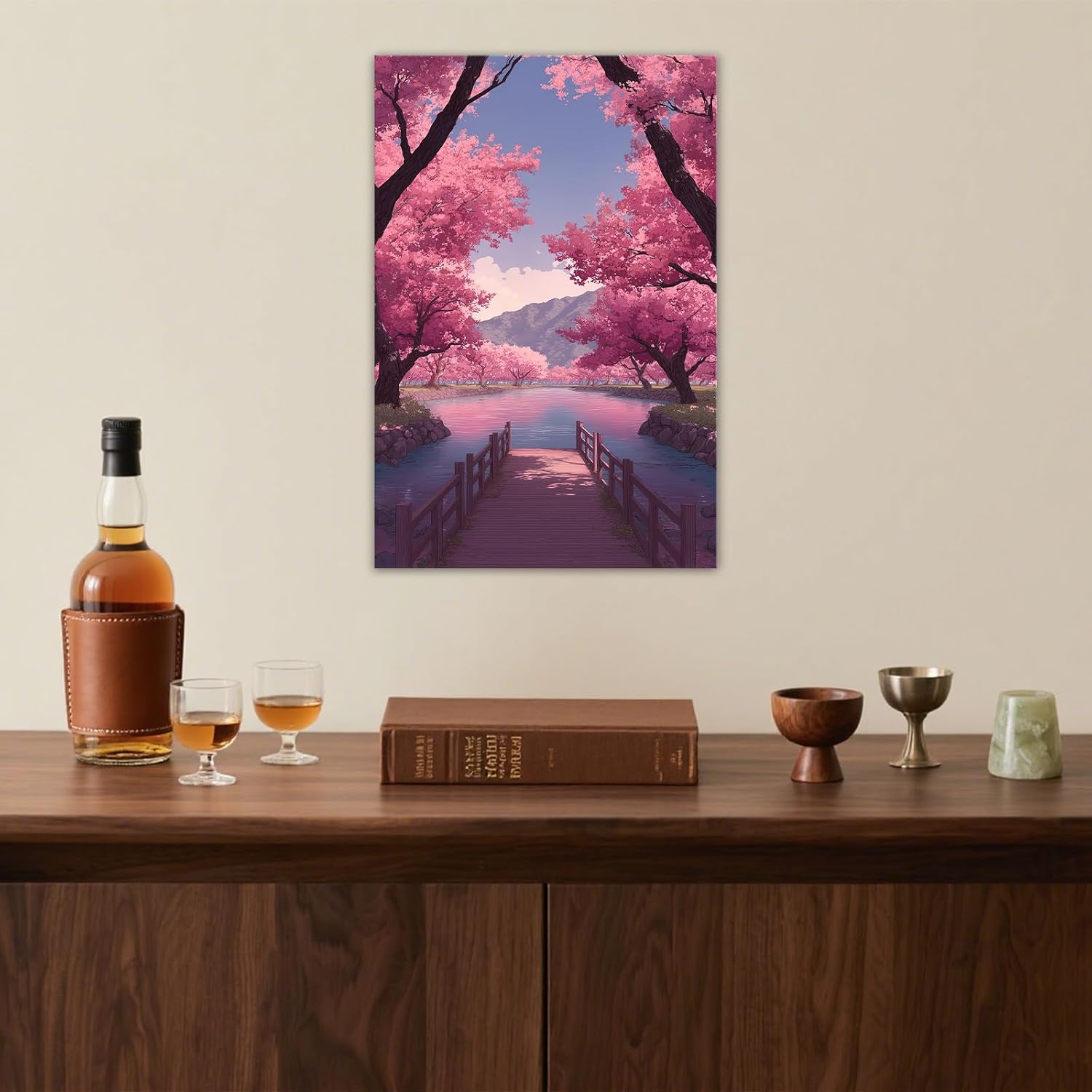 GLOKAKA Cherry Blossom River Wall Art Japanese Landscape Canvas Print Floral Decor for Serene Living Room Home Office(Artwork-1,16"x24")