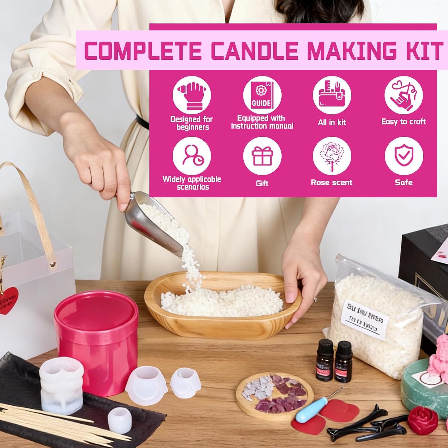 KDW Valentine Rose Bear Candle Making Kit,DIY Flower Bouquet Craft Gifts