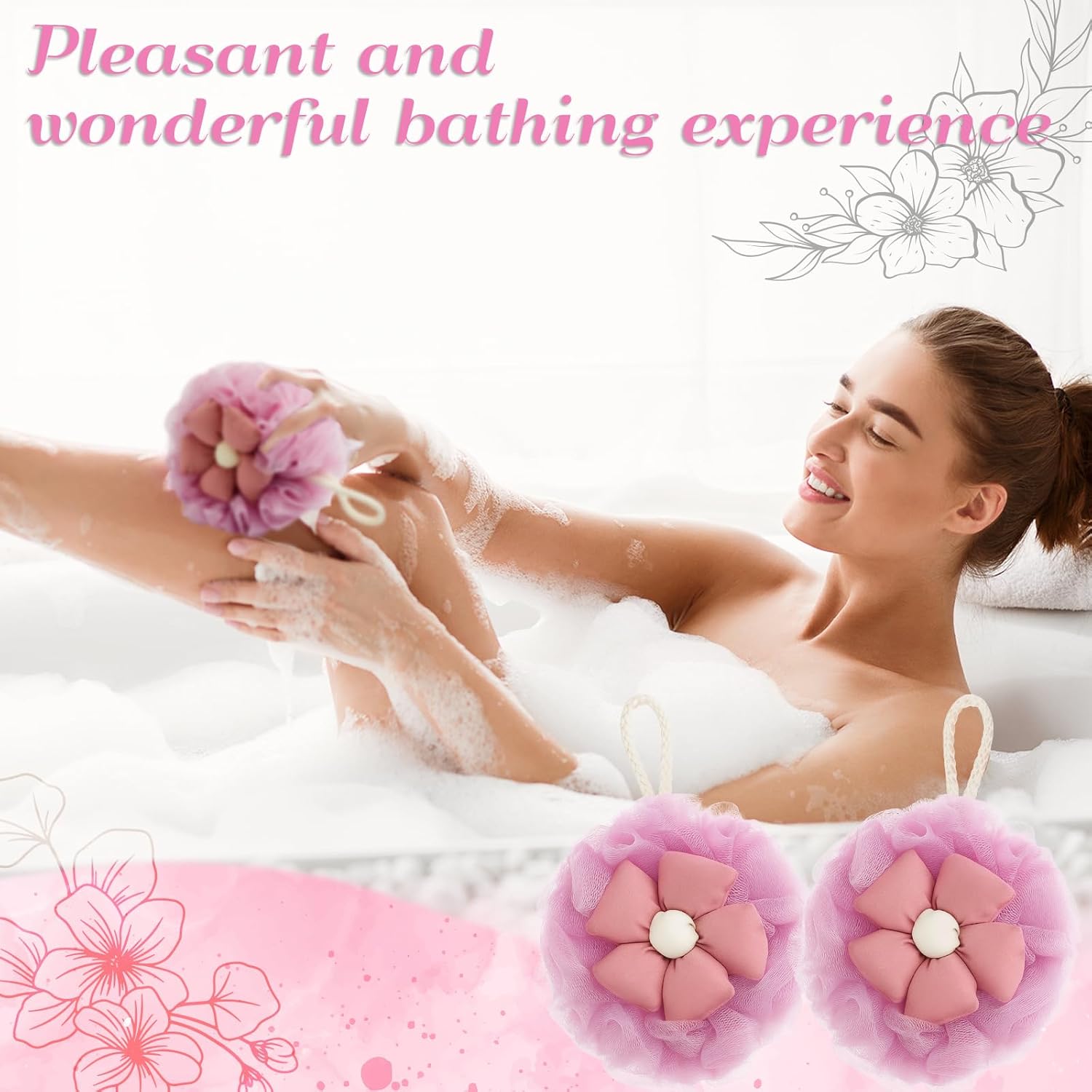 2 Pack Cute Flower Loofah for Women, Bath Loofah Sponge, Mesh Pouf Flower Body Scrubber, Exfoliating Shower Sponge, Bath Scrubber for Sensitive Skin in Beauty Bathing Accessories(Pink) - Image 6
