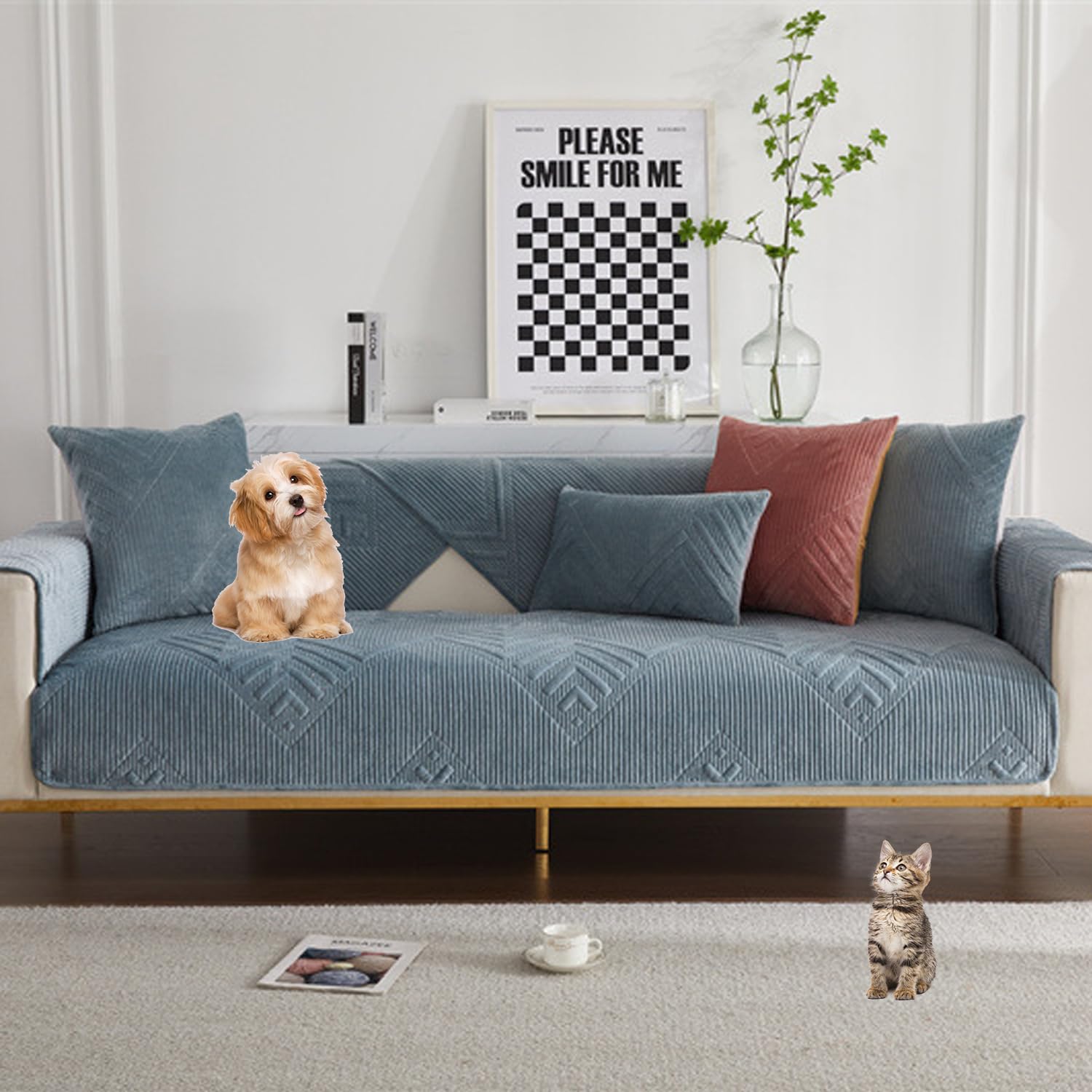 Funda de sofá terciopelo azul lavable para solucionar las manchas de mascotas