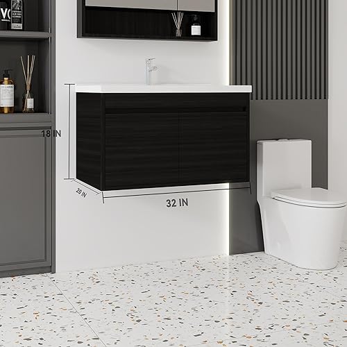 Miniatura 54 de Tocador de baño de 20 pulgadas con lavabo de cerámica, tocador de baño pequeño montado en la pared con puerta de cierre suave, gabinete flotante