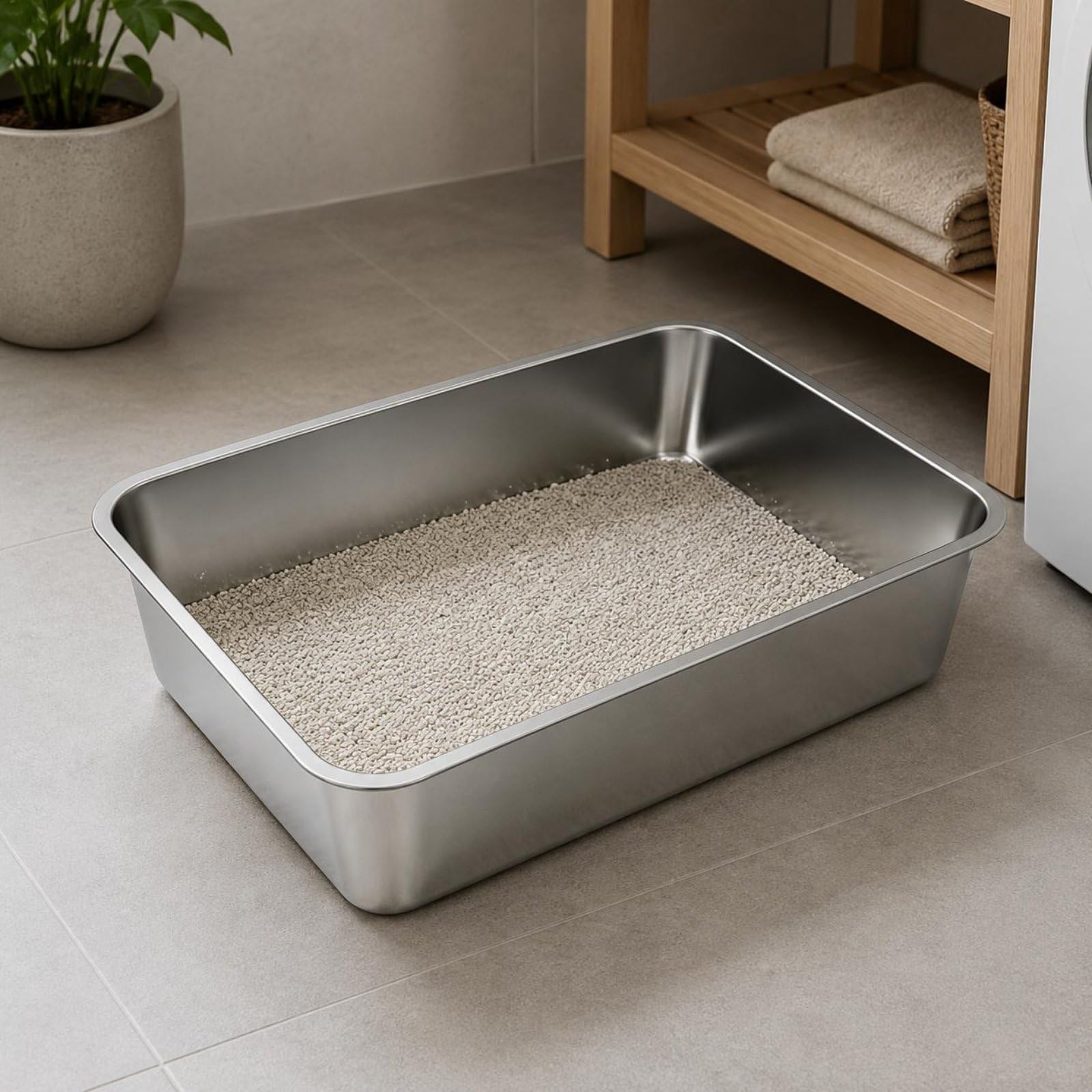 Contenitore Industriale Cassetta Igienica per Gatti Grande in Acciaio Inossidabile con Bordi Rialzati Superficie Liscia Facile da Pulire Adatta a, Grande 60x40x15cm, Acciaio Inossidabile 201