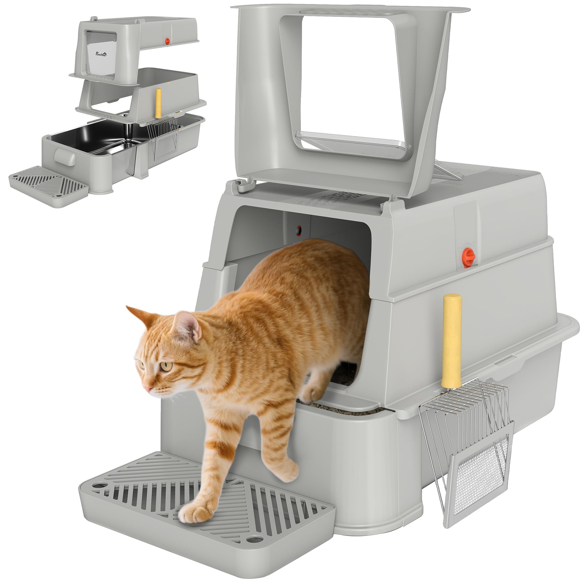PawHut Arenero para Gatos de Acero Inoxidable XL, Caja de Arena para Gatos, Arenero con Tapa Abatible 180°, Laterales Altos, Pedal, Pala, sin Olores, Fácil de Limpiar, Antifugas, Gris Claro