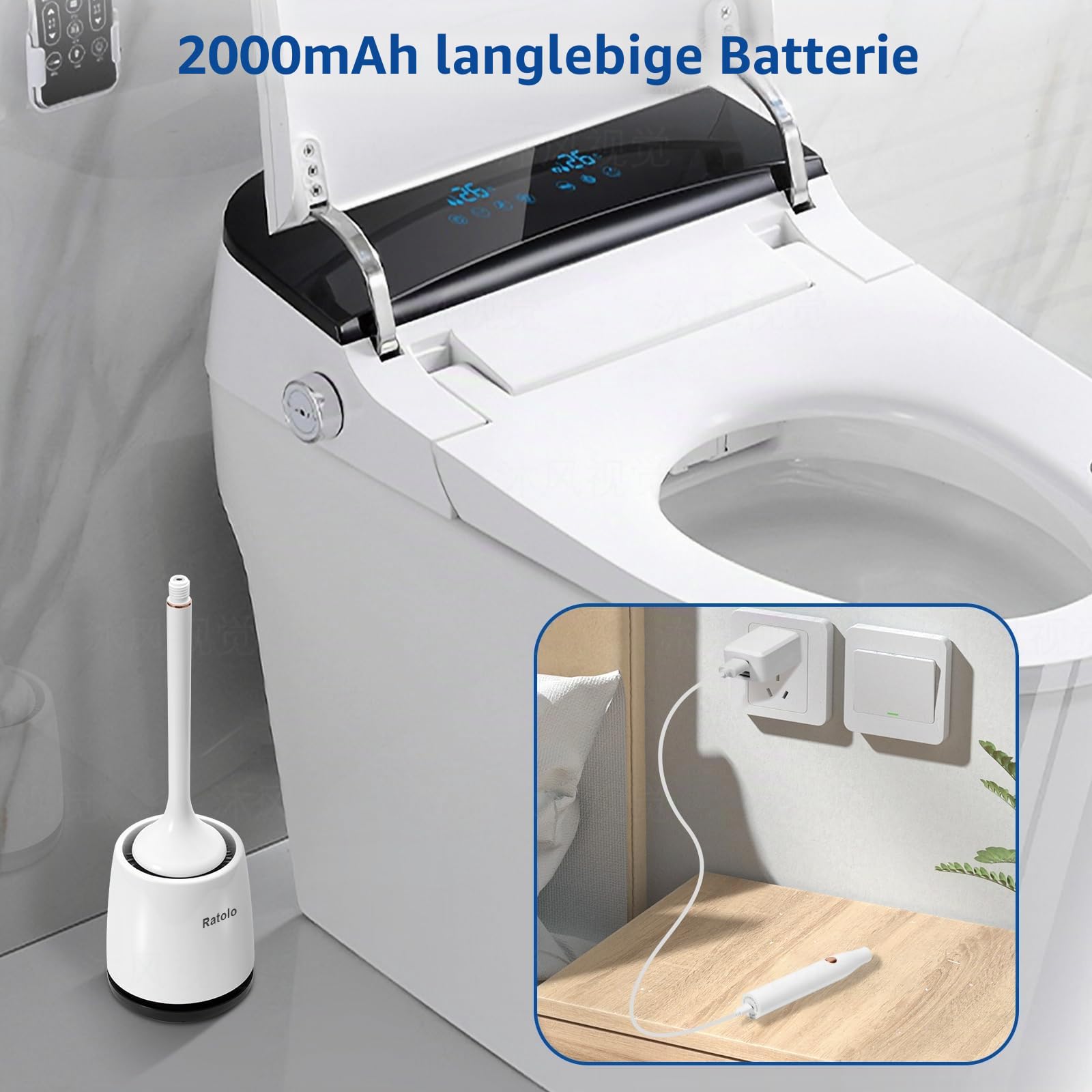 Elektrische WC-Bürste - Silikon-Toilettenbürste Mit Belüftetem Halter-Set, Bodenstehend, Wandmontage Ohne Bohren, Wiederaufladbar