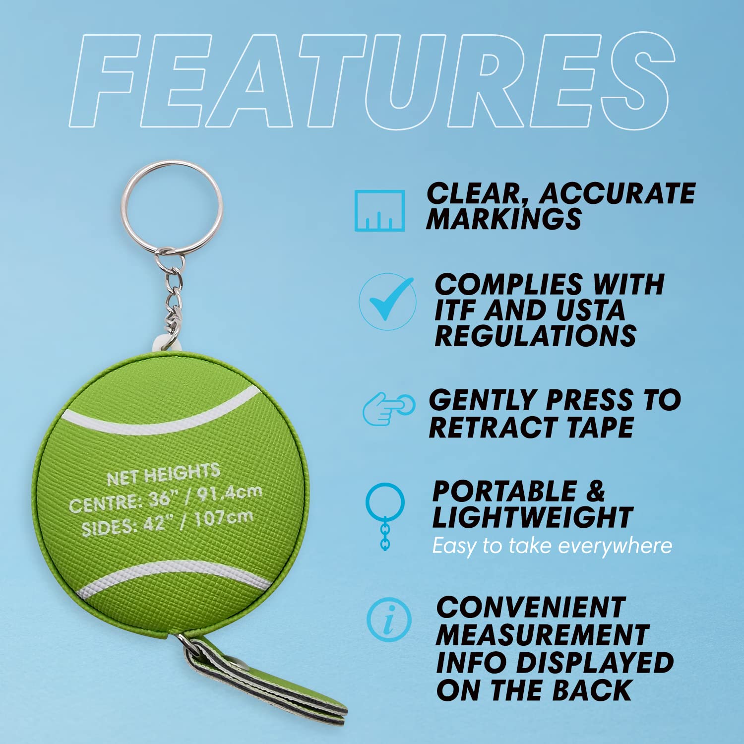 Tennis Net Height Mini Measuring Tape and Keyring, Portable 59 Inch Flexible Measuring Tape for Measuring Tennis Net Height