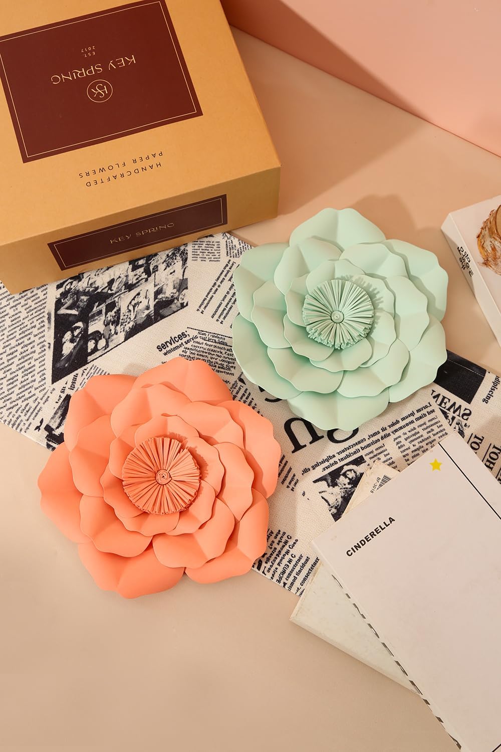 Paper Flower Decorations for Wall, Wedding Backdrop, Bridal Shower, Birthday Party, Nursery Wall Decor, Baby Shower (Mint, Coral, White Set of 6)