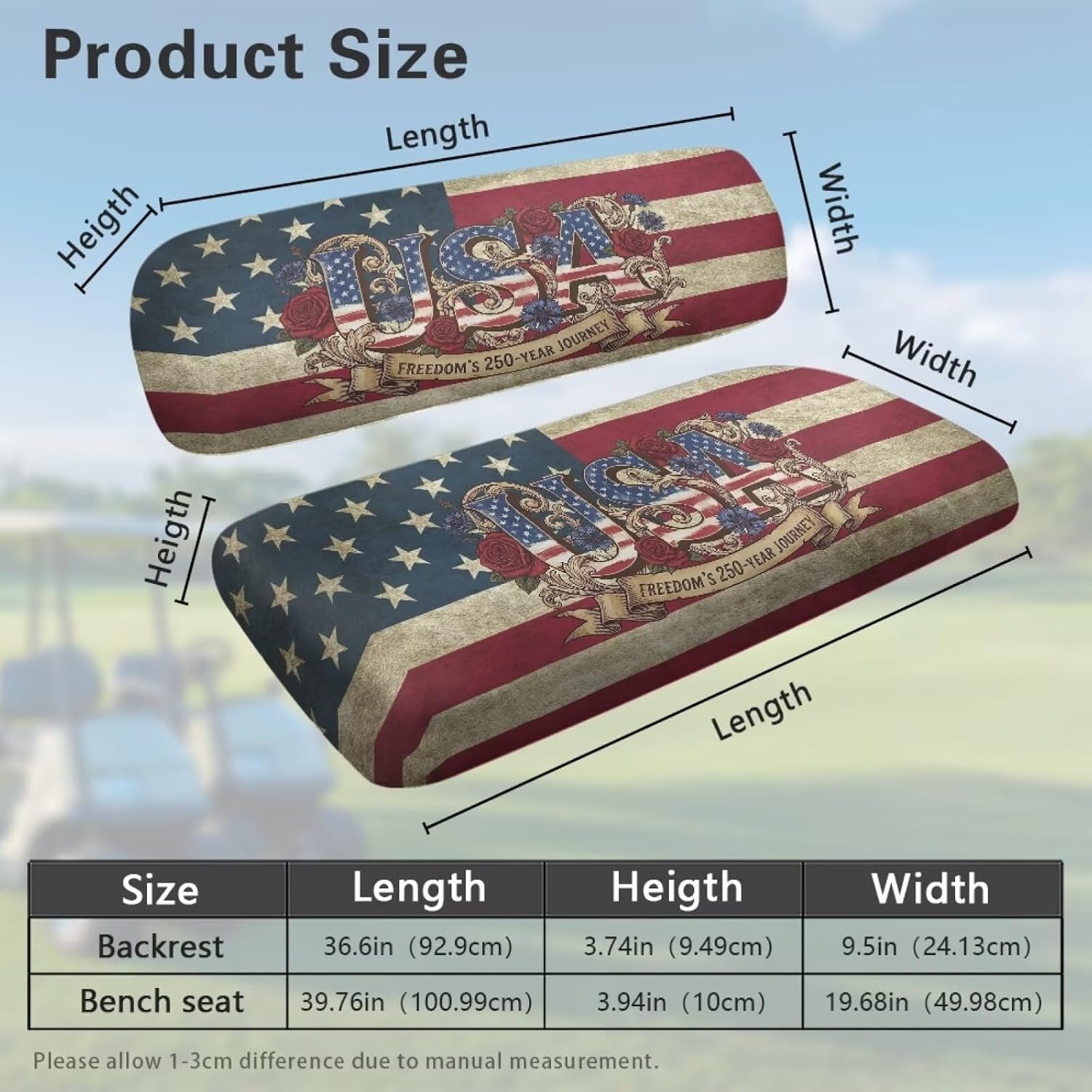 Yewatlles USA 250th Golf Cart Seat Covers Seat Kit, Printed Breathable Golf Cart Seat Cushions Golf Blanket Golf Club Car Accessories