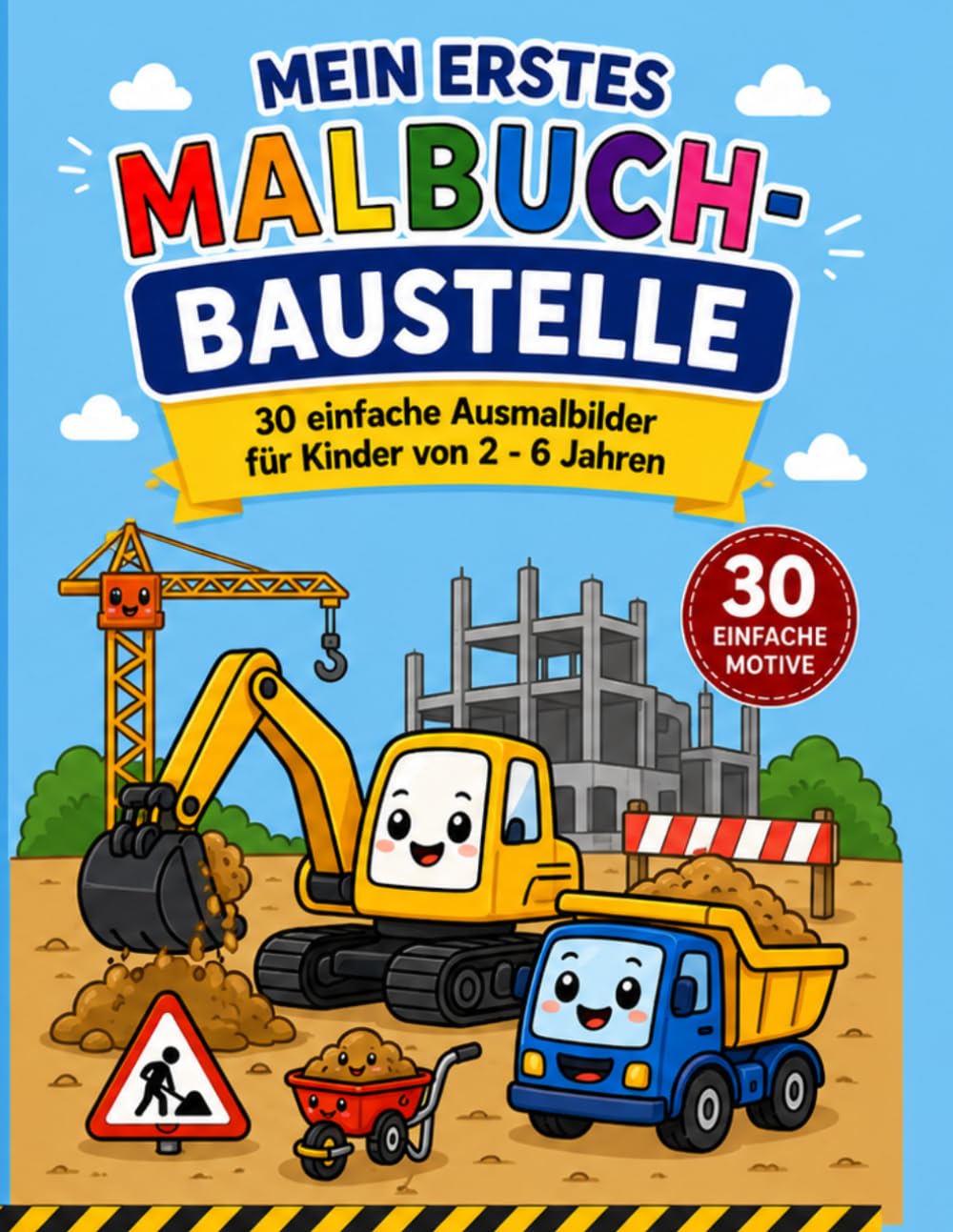 Mein erstes Malbuch-Baustelle: 30 einfache Ausmalbilder für Kinder von 2-6 Jahren - Bagger, Kräne, LKWs & mehr mit dicken Linien
