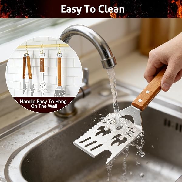 3-Piece BBQ Tools Set with Grill Spatula, Tongs, Fork - Wooden Handles, Duty Stainless Steel Barbecue Utensils Kit, 7-in-1 Turner & 6-in-1 Fork Functions As A Bottle Opener-Surprise Gifts for Men Dad - 3