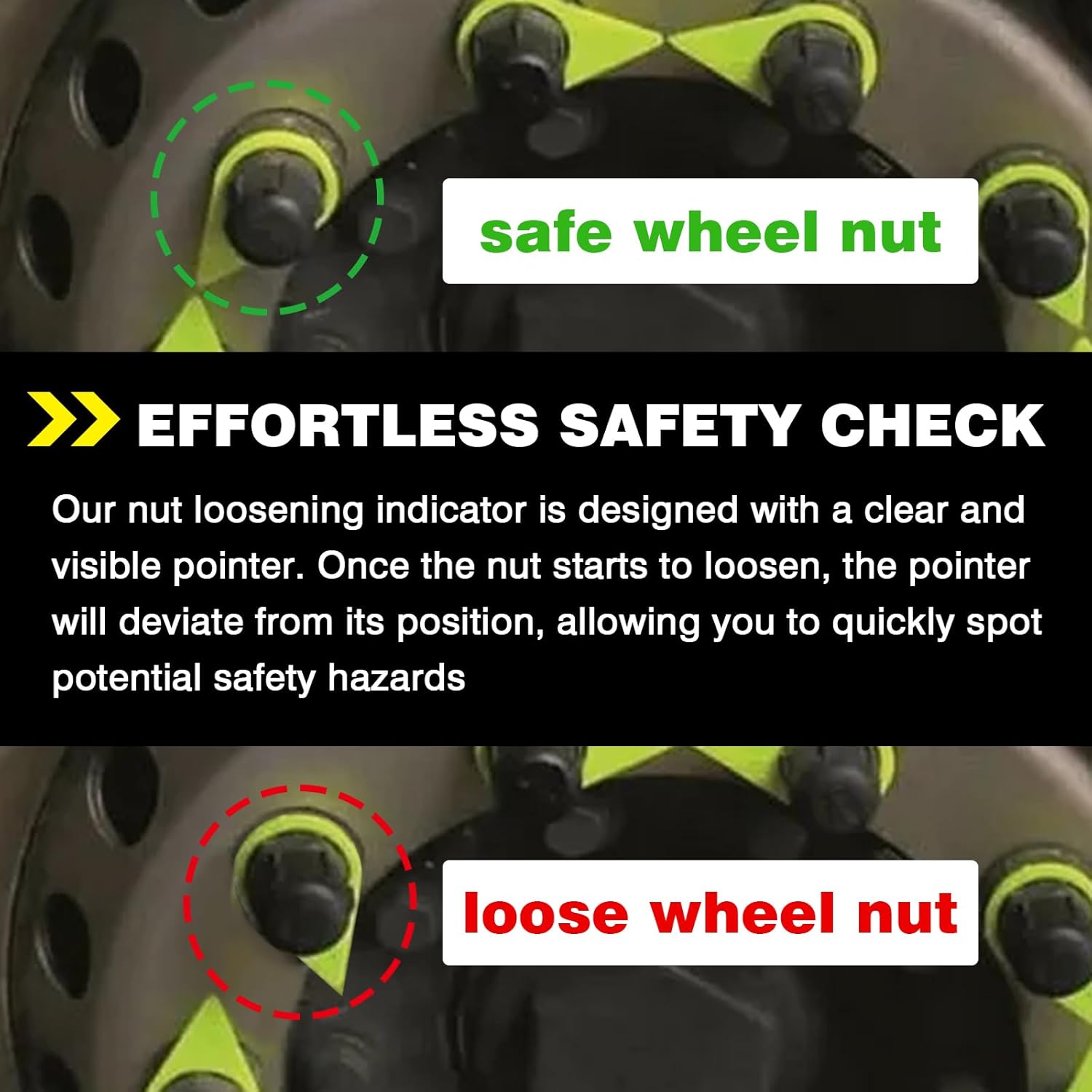 100PCS Wheel Nut Loose Warning Indicator Fit for 33MM Nuts, 22mm Studs, High Visibility Yellow (Pack of 100)