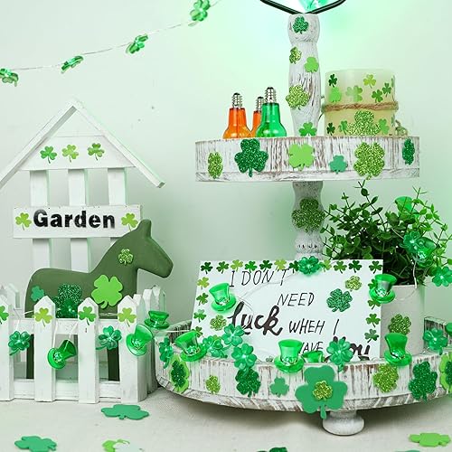 Miniatura 7 de BOHON Decoraciones del día de San Patricio, tréboles verdes, duende, sombrero de copa de luces de 10 pies, 30 luces LED de hadas de trébol de la