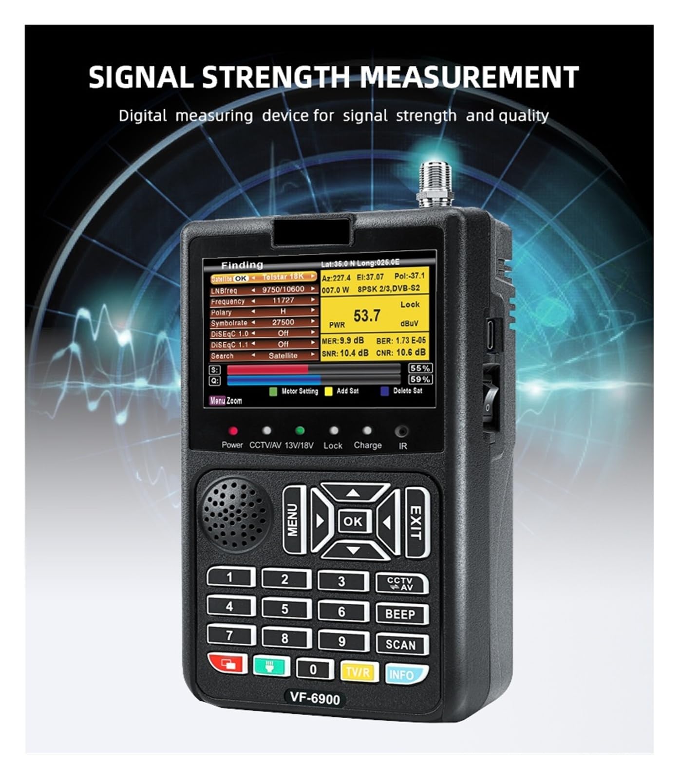 VF-6900 HD Digitaler Satellitenfinder mit 8,9 cm (3,5 Zoll) TFT-LCD-Bildschirm, DVB-S/S2, MPEG2/MPEG4, Live-Video-Programm, Unterstützung für Fehlerbehebung (VF-6900 NO CCTV)
