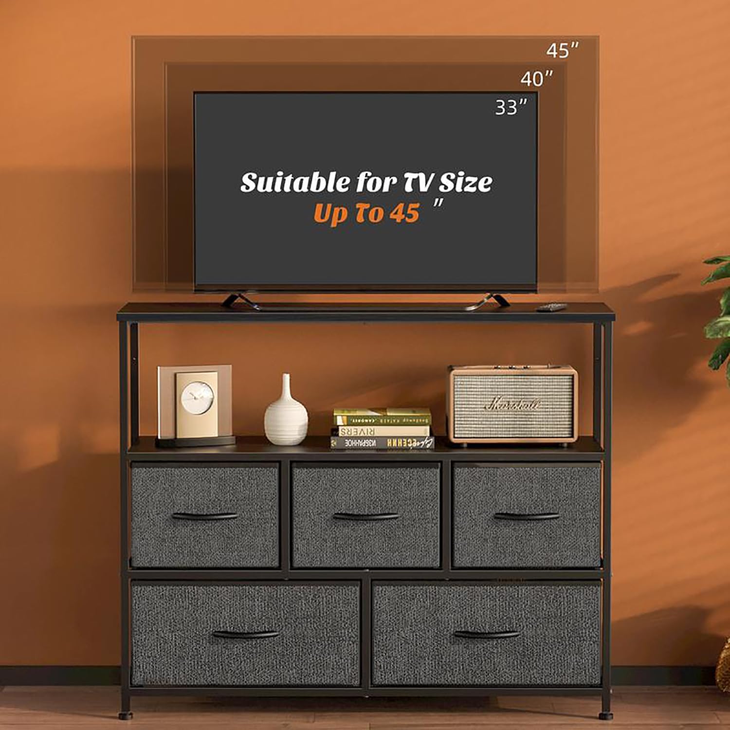 TV Console Table, Dresser tv Stand, TV StandEntertainment Center with 5 Fabric Drawers,Media Console Table for TV with Open StorageShelf Dresser for Bedroom/Living Room/Hallway, Grey
