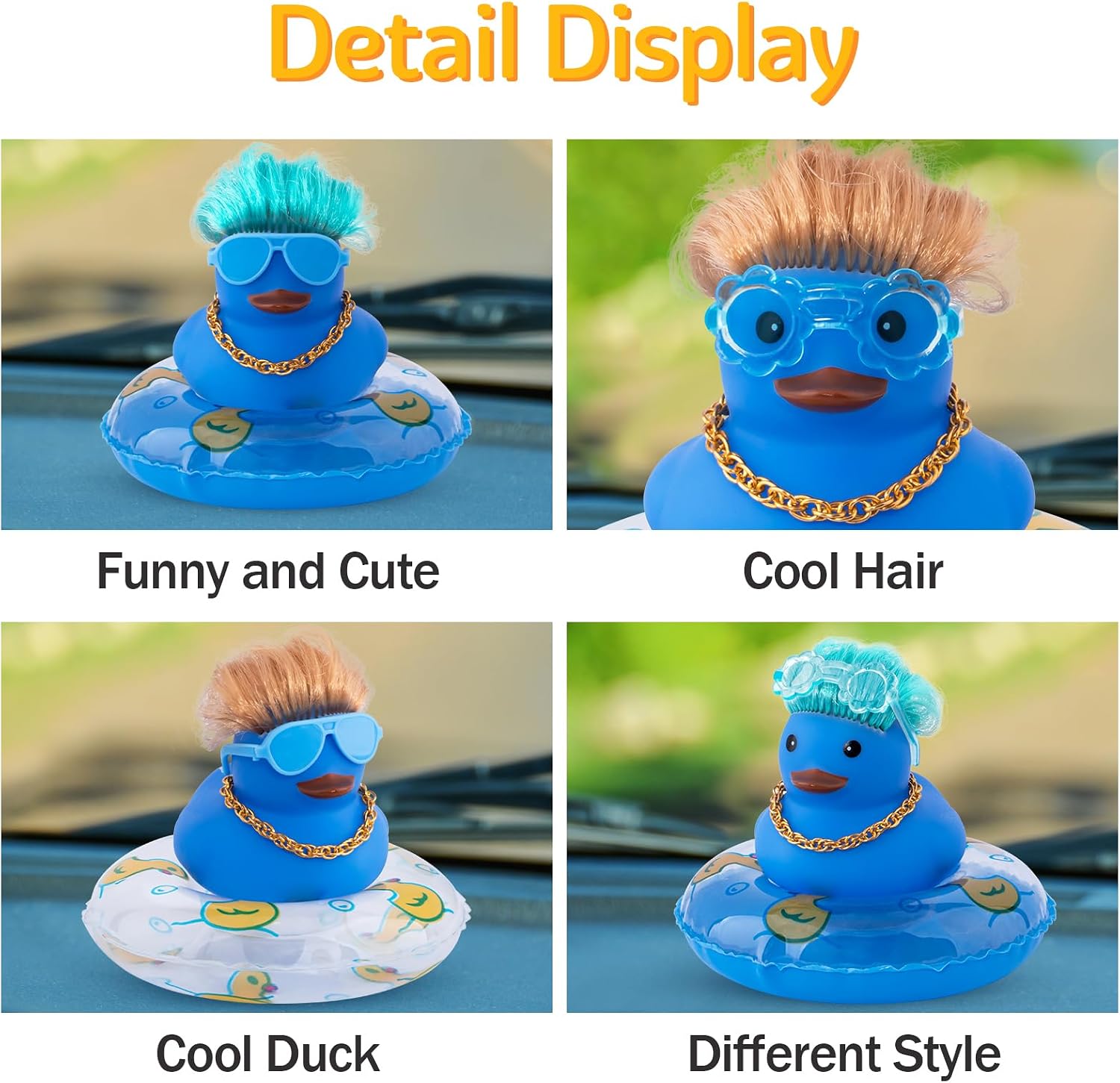 wonuu Car Rubber Duck Decoration, Color Hair Duck Car Dashboard Duck Ornaments Accessories with Mini Swim Ring and Sunglasses Fashion Hair, B_Blue Duck Blue Sunflower Glasses image 3