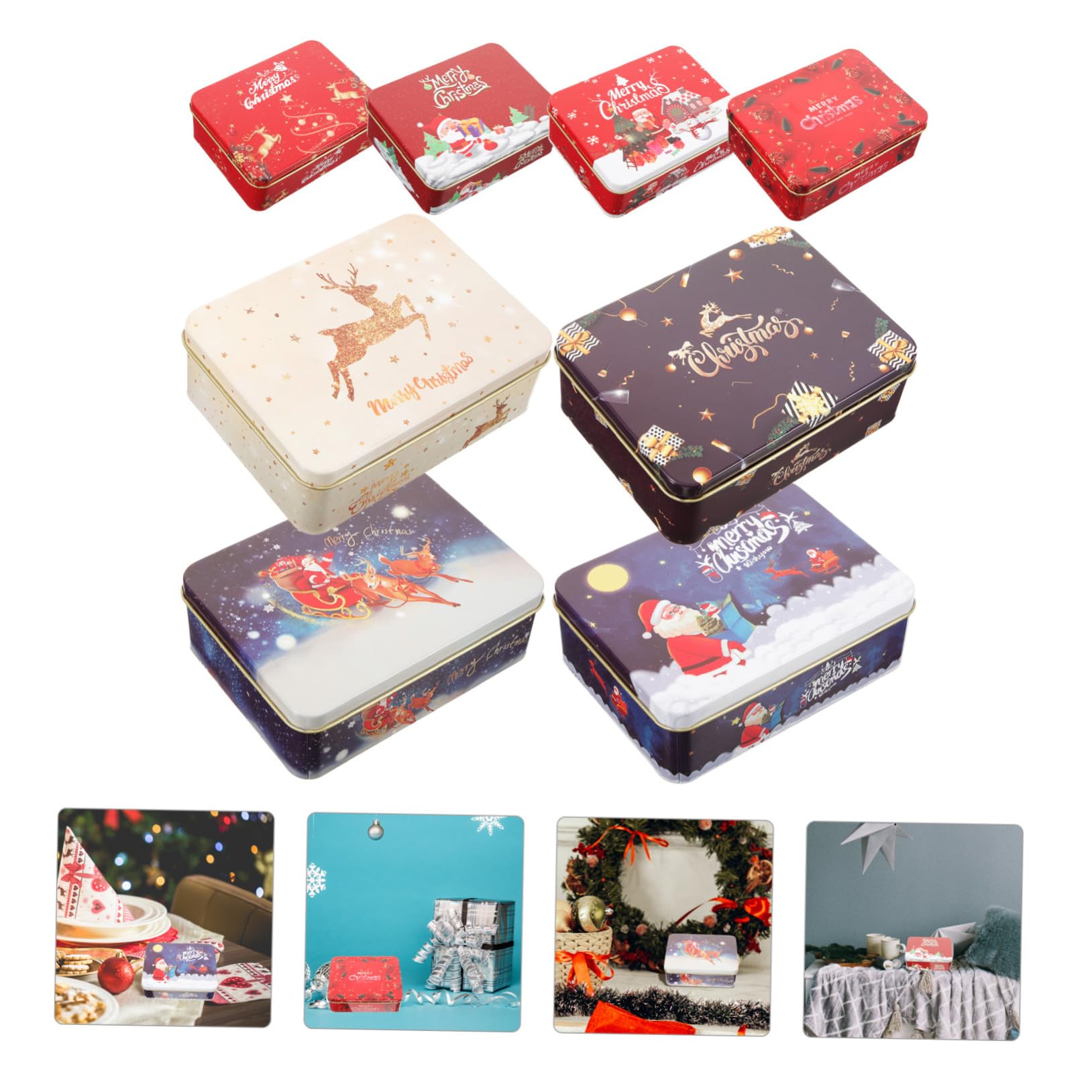 TOGEVAL 8 Teiliges Weihnachtsdose aus Metall Kleine Eckige Geschenkboxen mit Deckel Stabile Blechboxen für Weihnachtskarten und Geschenke Farbenfrohe Wiederverwendbare Vorratsdose