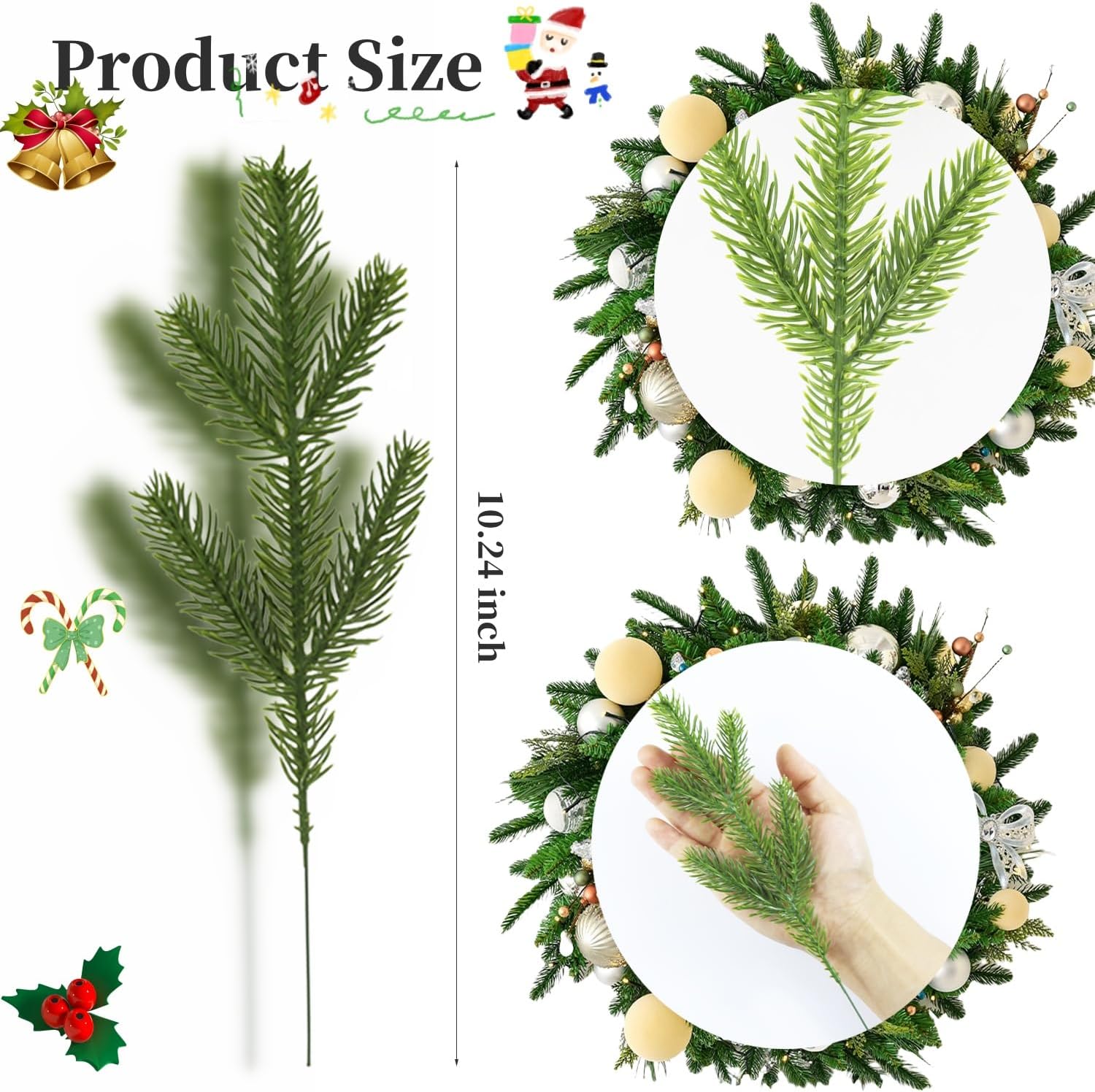 Artificial Pine Branches, 60 Pcs Christmas Greenery Stems, Pine Needles Christmas Tree Filler Branches Pine Picks for DIY Garland, Wreath, Christmas Embellishing, Home Decor (60, Green)