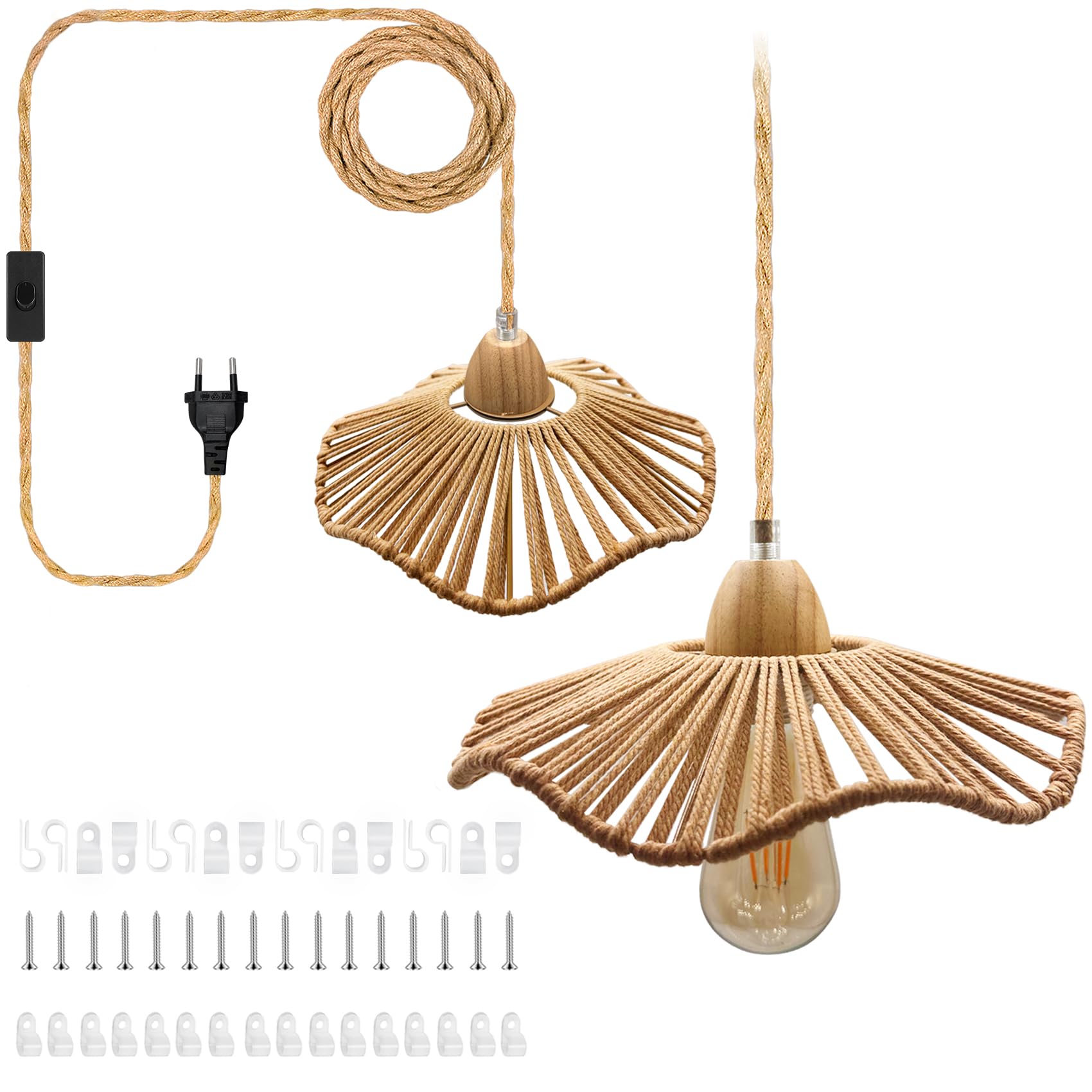 Colgante de cuerda de cáñamo, lámpara de suspensión con interruptor y enchufe, lámpara de cáñamo trenzada a mano, pantalla de cuerda de cáñamo, receptáculo de base E27, lámpara boho