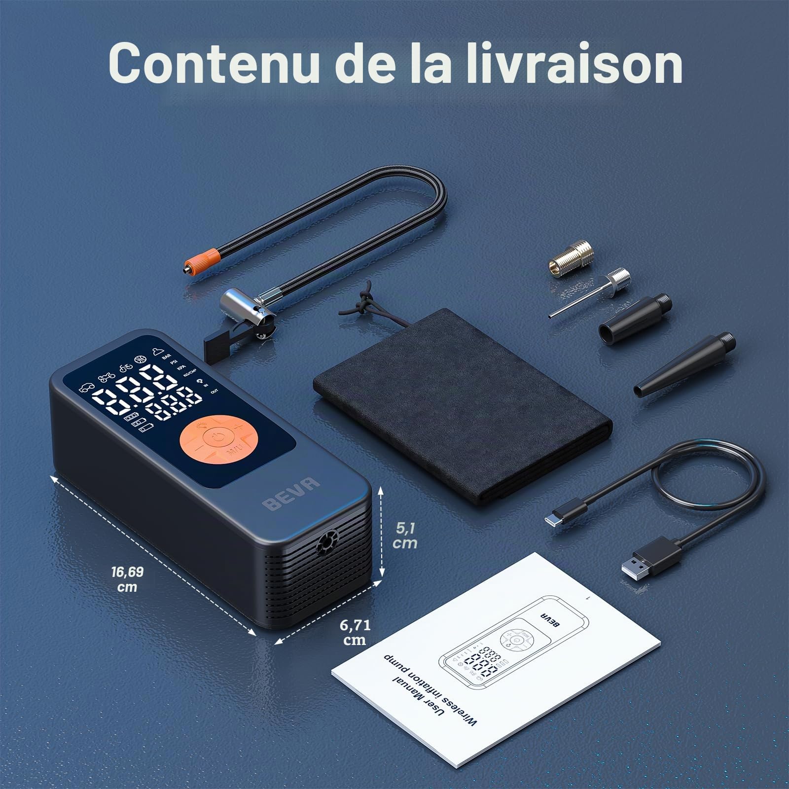 BEVA Gonfleur Pneus Voiture, Gonfleur Electrique Gonflage en 1 Minute | 150PSI/10,3BAR Compresseur à Air Portatif avec Lampe LED , Pompe a Velo, Arrêt Automatique, pour Voiture, Moto, Vélo, Ballon