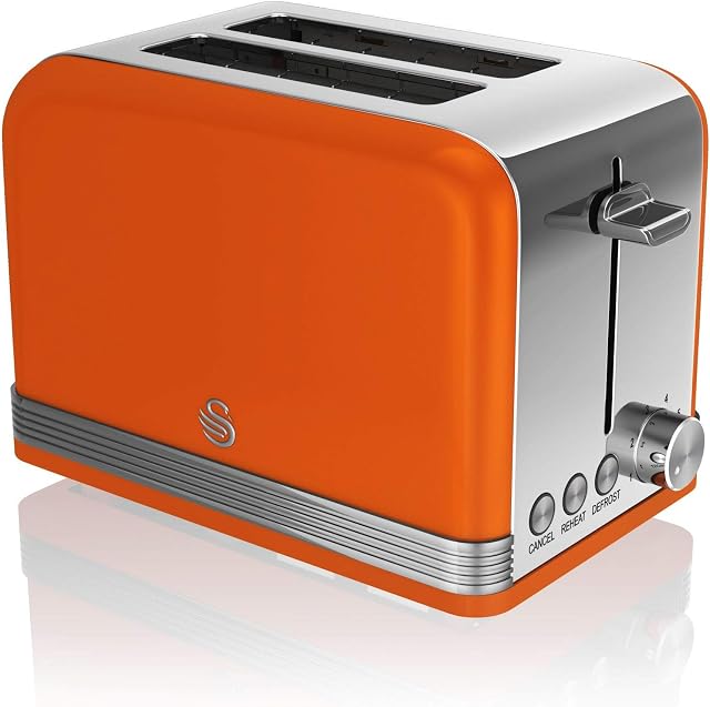 Swan 2 Slice Retro Toaster, Orange, Defrost, Cancel and Reheat Functions, Slide Out Crumb Tray, ST19010ON