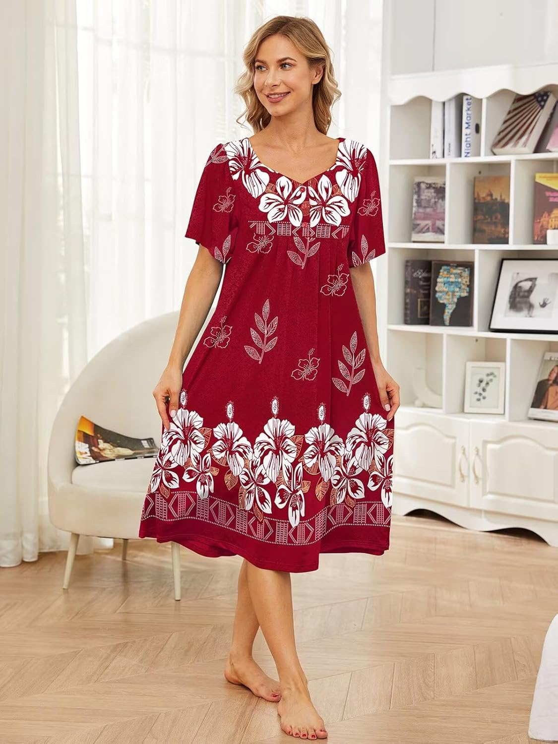 House Dresses for Women with Pockets Moo Moo Nightgown Short Sleeve Mumu Dress Lounge Dress S-5XL - Image 2