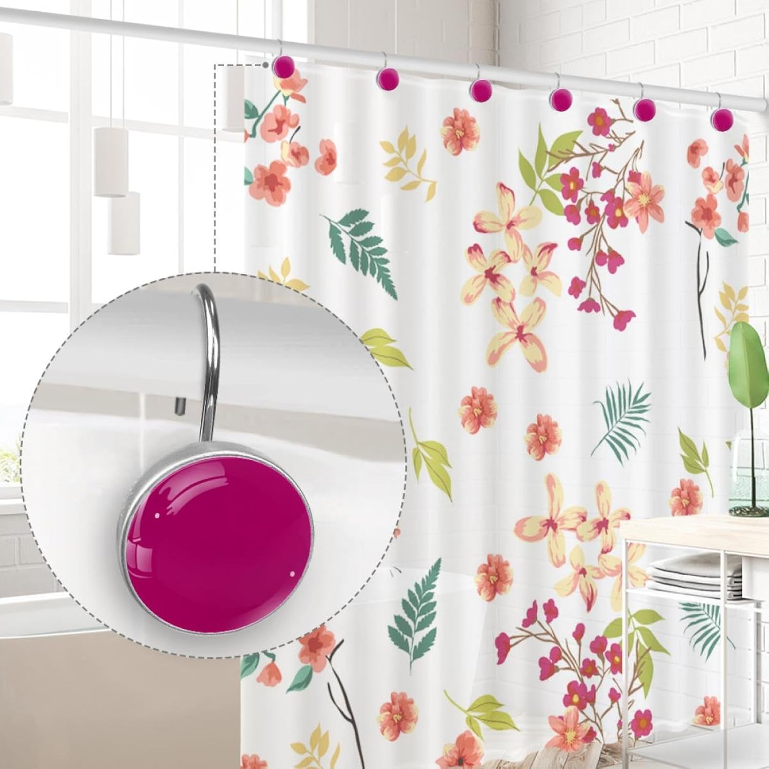 Modern Hot Pink Solid Color 12 Pack Shower Curtain Hooks Decorative Shower Curtain Hook and Ring Set ABS Resin Anti-Rust Bathroom Curtain Rings