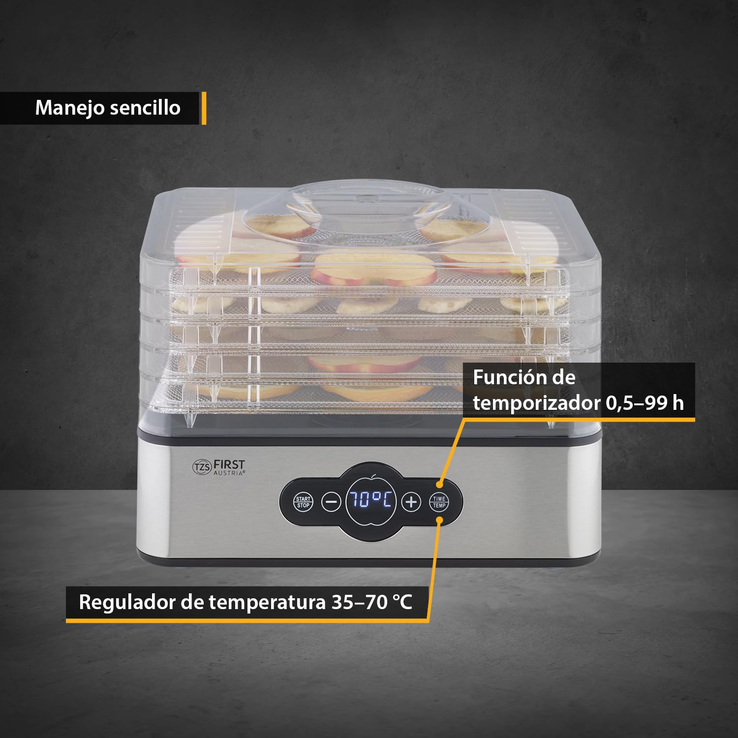 TZS First Austria Deshidratador digital para frutas, hierbas, setas y carne, 5 niveles acero inoxidable, temporizador y regulador temperatura 35-70°C