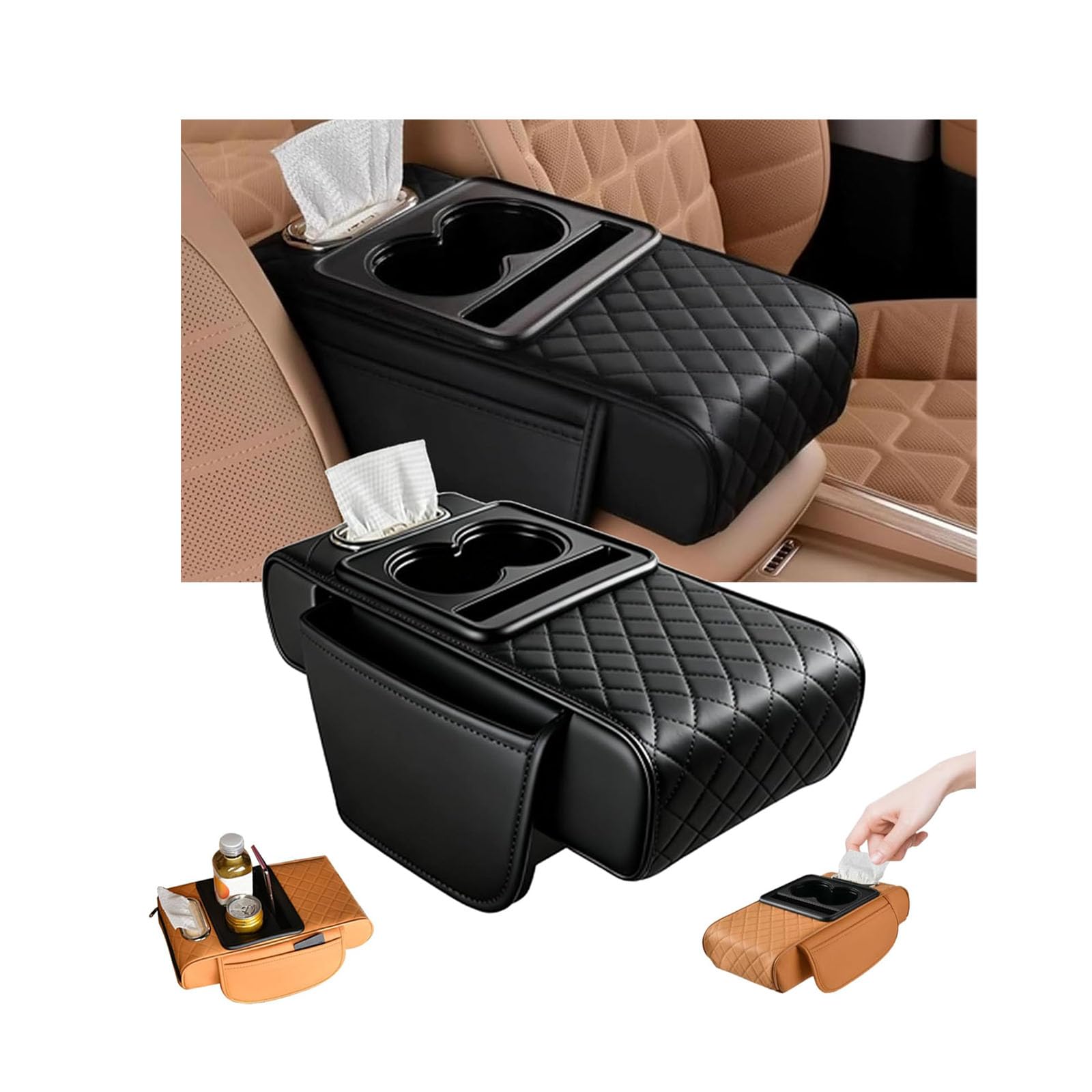 Tapis d'accoudoir de voiture multifonction en cuir synthétique, housse 5 en 1 pour console centrale, avec 2 sacs de rangement, porte-gobelet, fente pour boîte à mouchoirs, fente pour téléphone