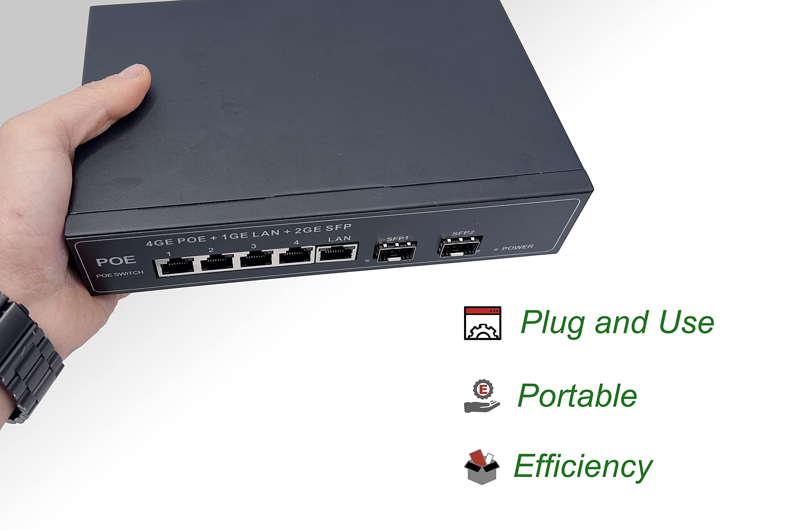 Elfcam® - Conmutador de Fibra óptica PoE con 2 Puertos SFP de 1,25 GB, 4 Puertos PoE Gigabit Ethernet 10/100/1000Mbps, Plug & Play no gestionado (4 Puertos PoE)