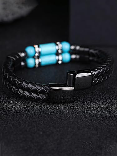Miniatura 5 de Pulsera de cuero para hombre, turquesa, ojo de tigre, obsidiana, piedra de lava, trenzada, multicapa, brazalete Barcelet, caja de joyería y embalaje