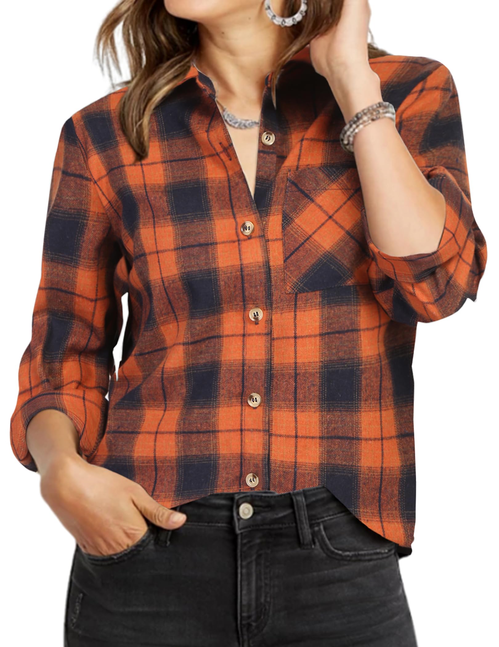 ZeagooWomens Plaid Shirts Cotton Classic Long Sleeve Button Down Collared Casual Tops Lightweight Fall Blouses