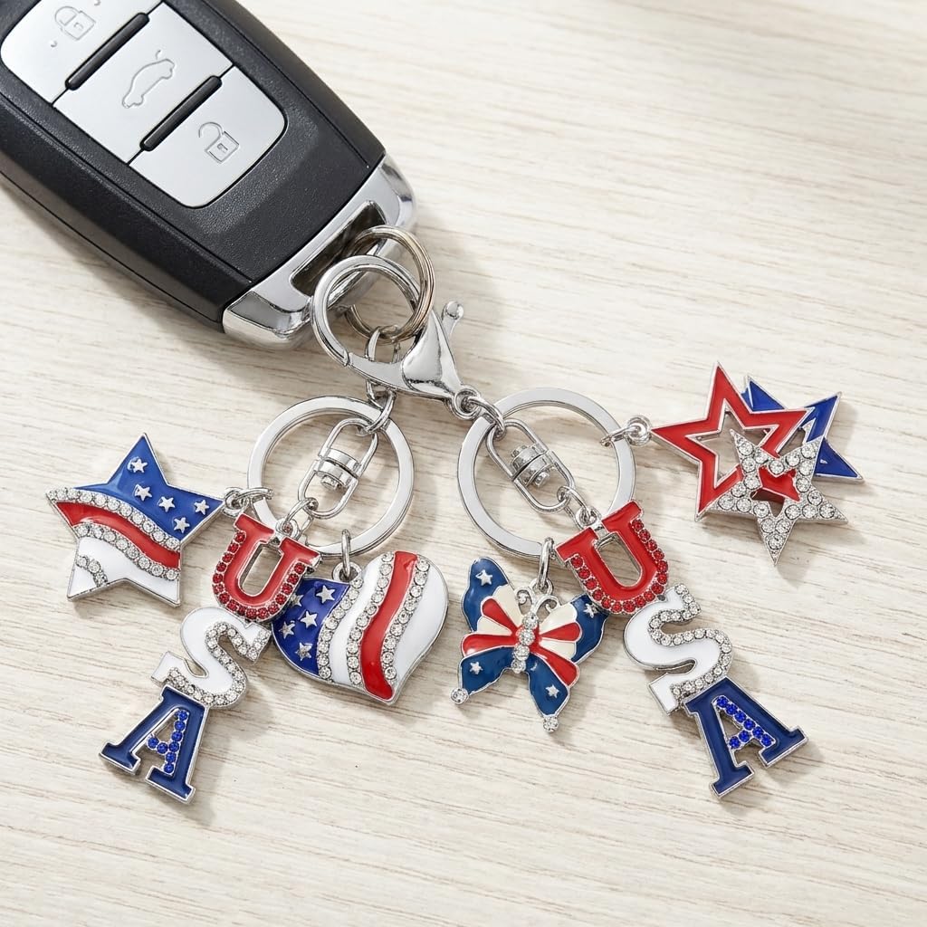 3PCS 4th of July Keychain Set, Patriotic USA Keychains with American Flag Star Heart Charms, Independence Day Key Rings for Women Girls Bags Purse Accessories