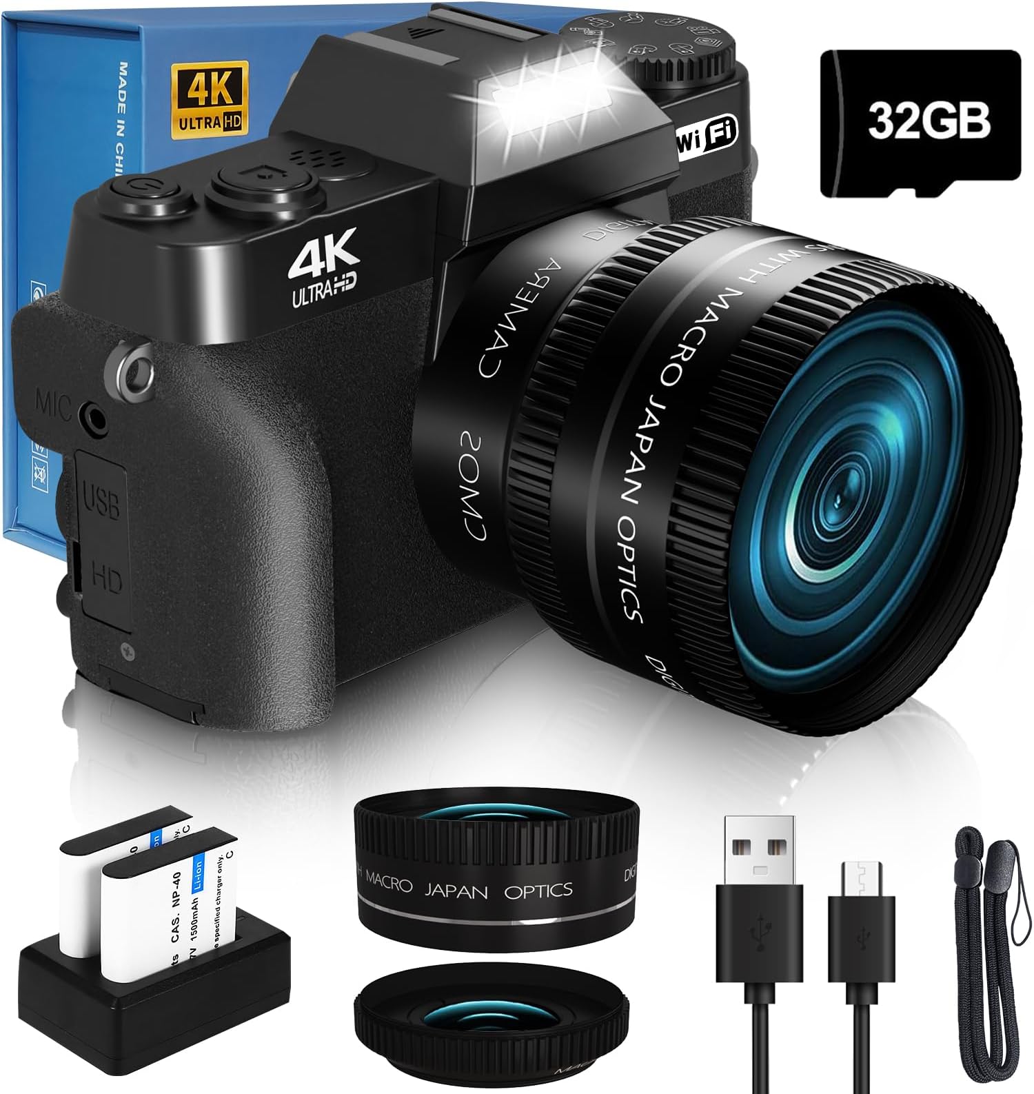 VJIANGER 4K Digital Camera for Photography, 48MP Vlogging Camera for YouTube with 3.0" Flip Screen, 16X Digital Zoom, Include 32GB SD Card, 2 Batteries (Black)
