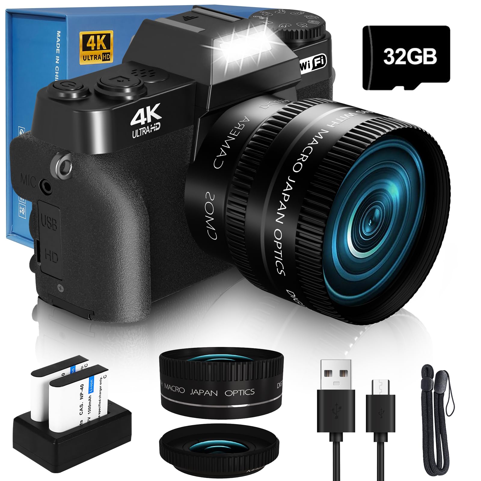 VJIANGER 4K Digital Camera for Photography, 48MP Vlogging Camera for YouTube with 3.0" Flip Screen, 16X Digital Zoom, Include 32GB SD Card, 2 Batteries (Black)