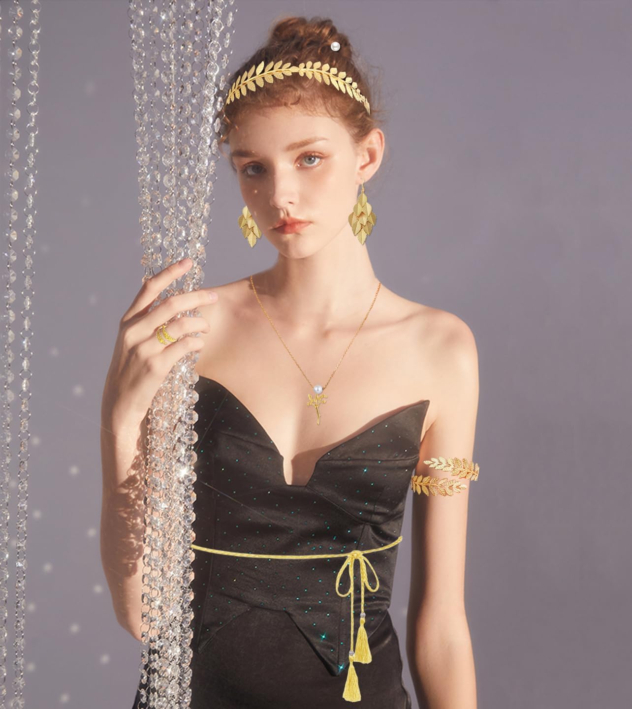 14Pcs Greek Goddess Costume Accessories Set for Women Golden Laurel Leaf Crown Headband Armband Coil Bracelet Pearl Leaf Dangle Necklace Hair Pin Ring Waist Belt Wedding Toga Party Jewelry