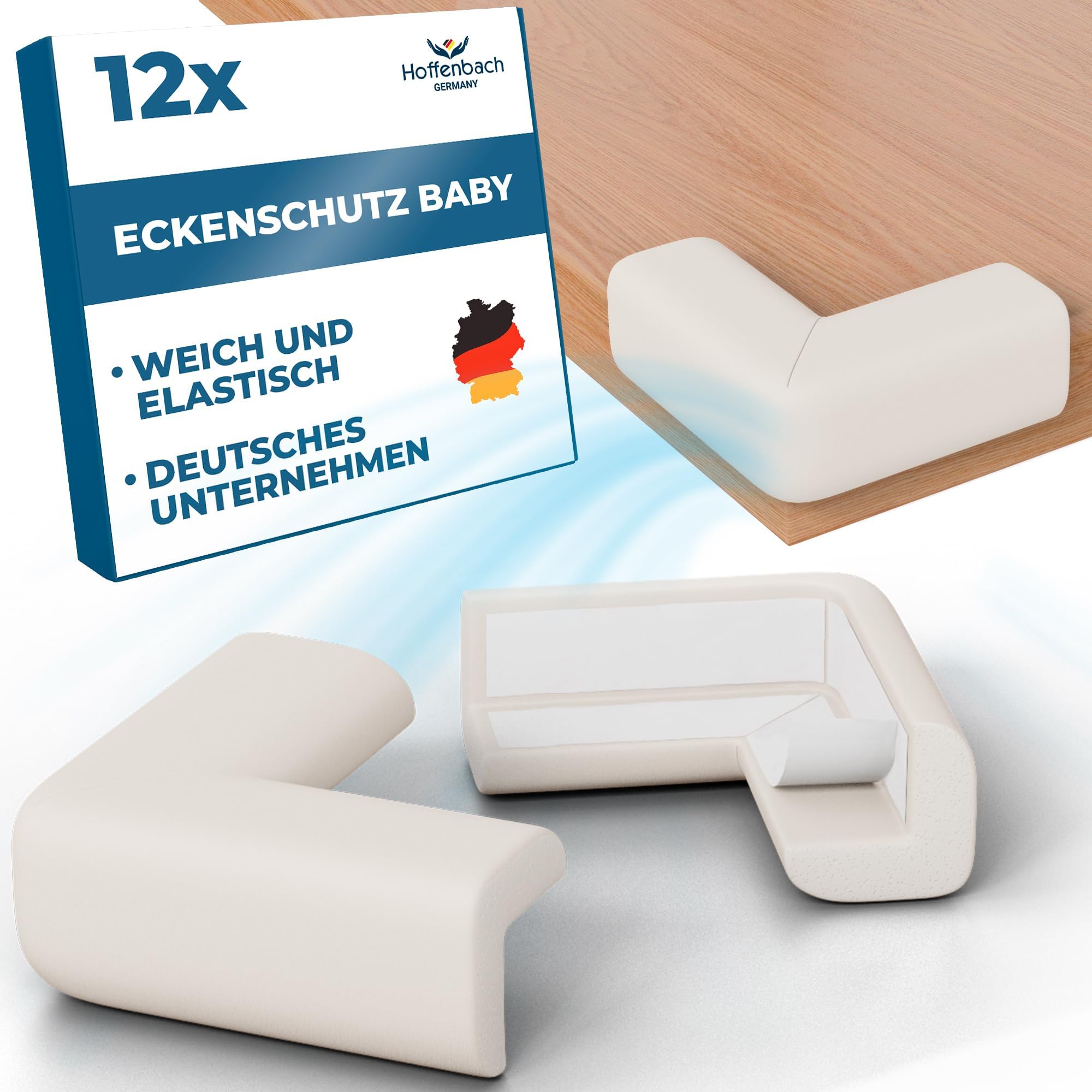 Hoffenbach 12x Eckenschutz Kantenschutz Baby – Selbstklebender Tischkantenschutz – Stoßschutz für Babys & Kinder – Weicher Schaumstoff Eckschutz für Tisch, Möbel & Ecken – Corner Protector – Weiß