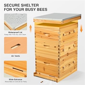30 Frame Bee Hive,Bee Hive Boxes Starter Kit with Medium Box & 2 Deep Boxes Beeswax Coated Beehive with Frames & Foundations for Bee Keeping