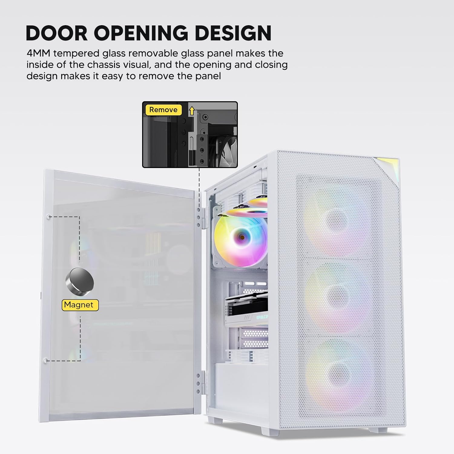 Vetroo AL800 Mid Tower ATX PC Computer Case - Door Opening Design Tempered Glass, Adjustable LED Strip, Pre-Installed ARGB & PWM FDB Fan in Rear, Support for 50 Series GPUs - White