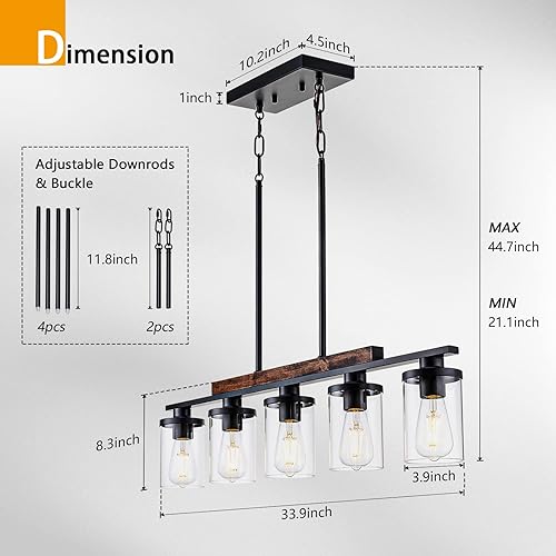 Miniatura 3 de NSRCE Lámpara de comedor de 5 luces, iluminación colgante para isla de cocina, mesa de comedor, sala de estar con pantalla de cristal, metal negro y