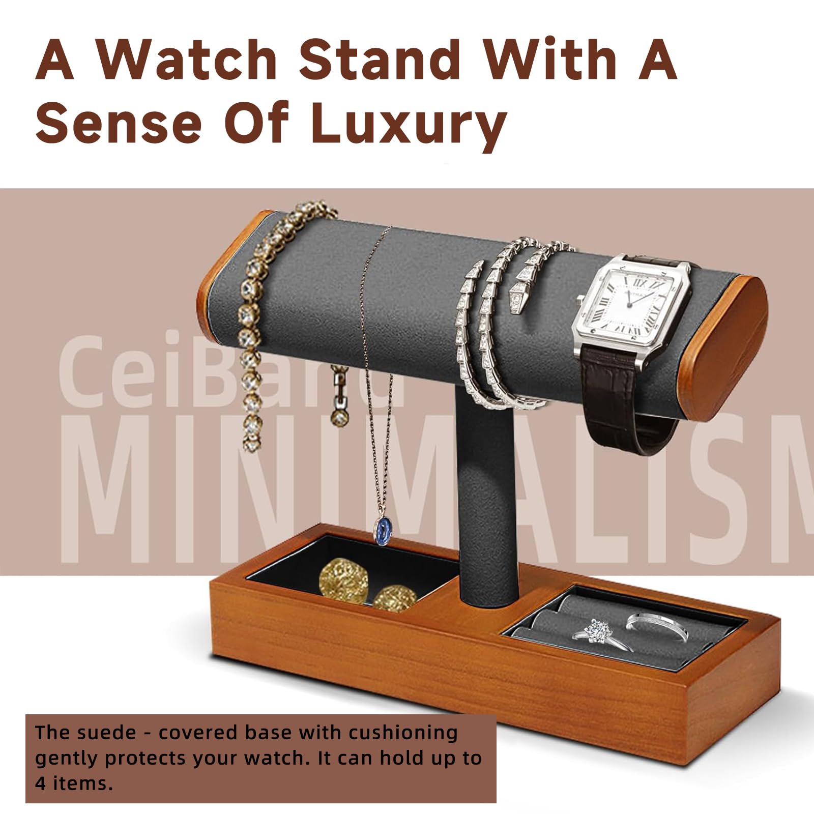 Présentoir de Montres en Bois, Support Montre Bois, Bijoux en Forme de T Montre Bracelet Collier, Présentoir Montre pour Homme et Femme - gris foncé